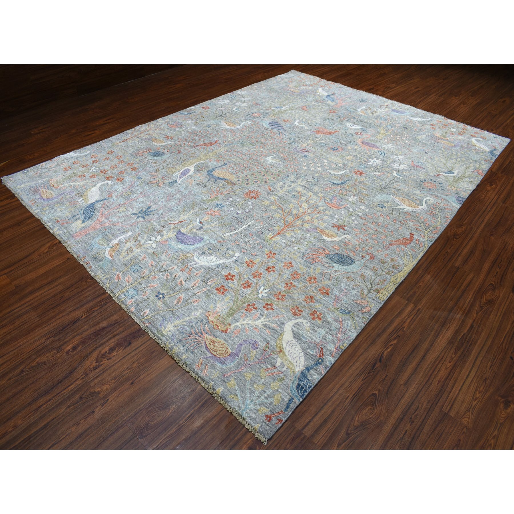 9-x12- Gray Birds of Paradise Peshawar Pure Wool Hand Knotted Oriental Rug 
