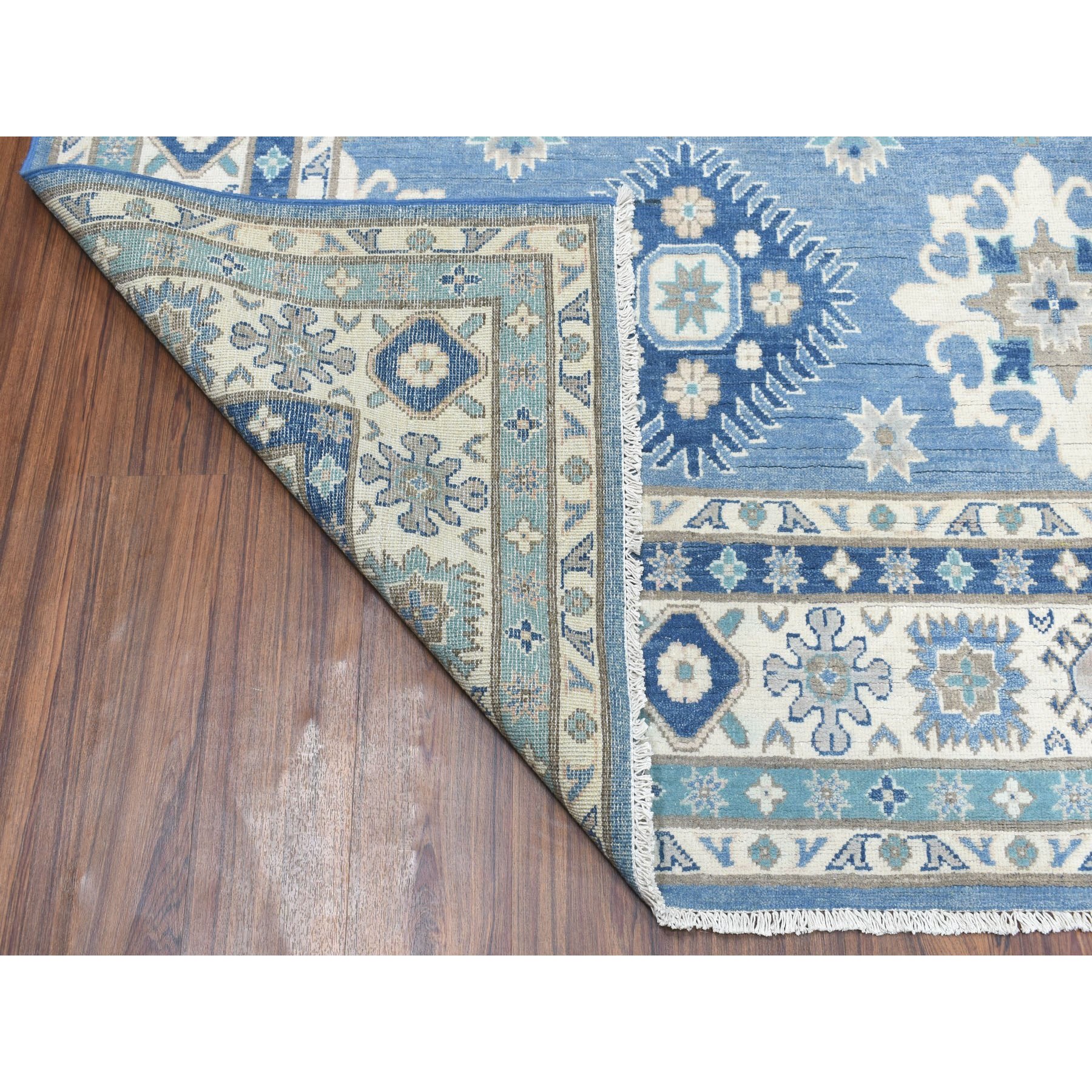 7-9 x10- Blue Vintage Look Kazak Tribal Design Pure Wool Hand Knotted Oriental Rug 