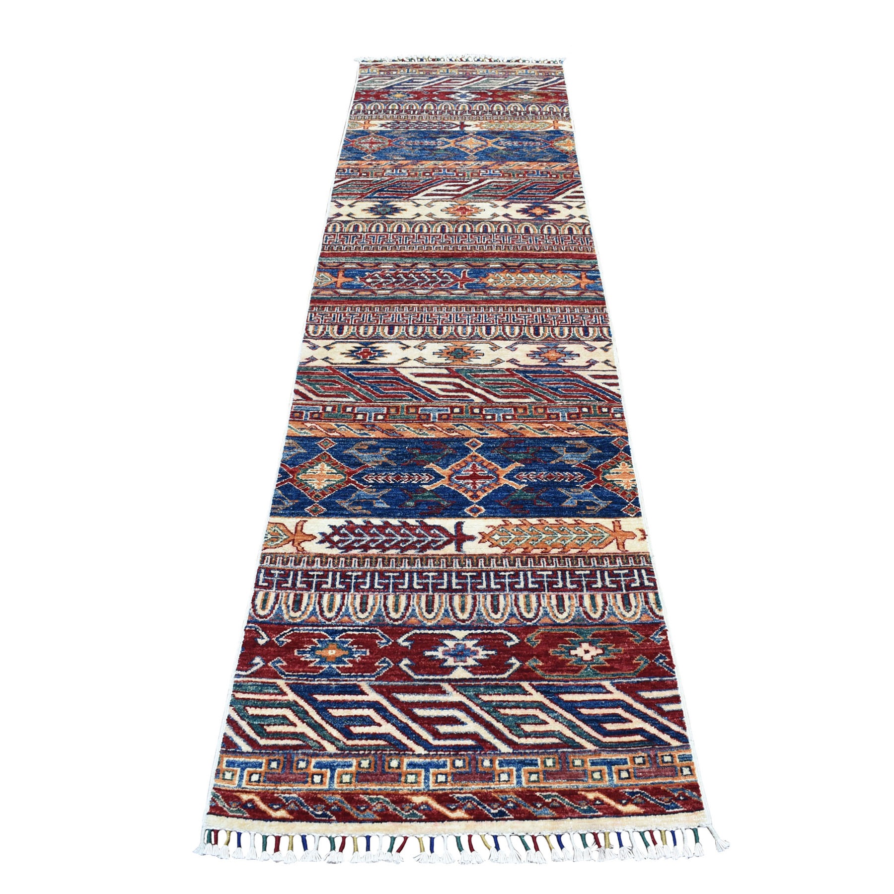 2'4"X9'2" Khorjin Design Runner Blue Super Kazak Tribal Pure Wool Hand Knotted Oriental Rug moaeb8ea