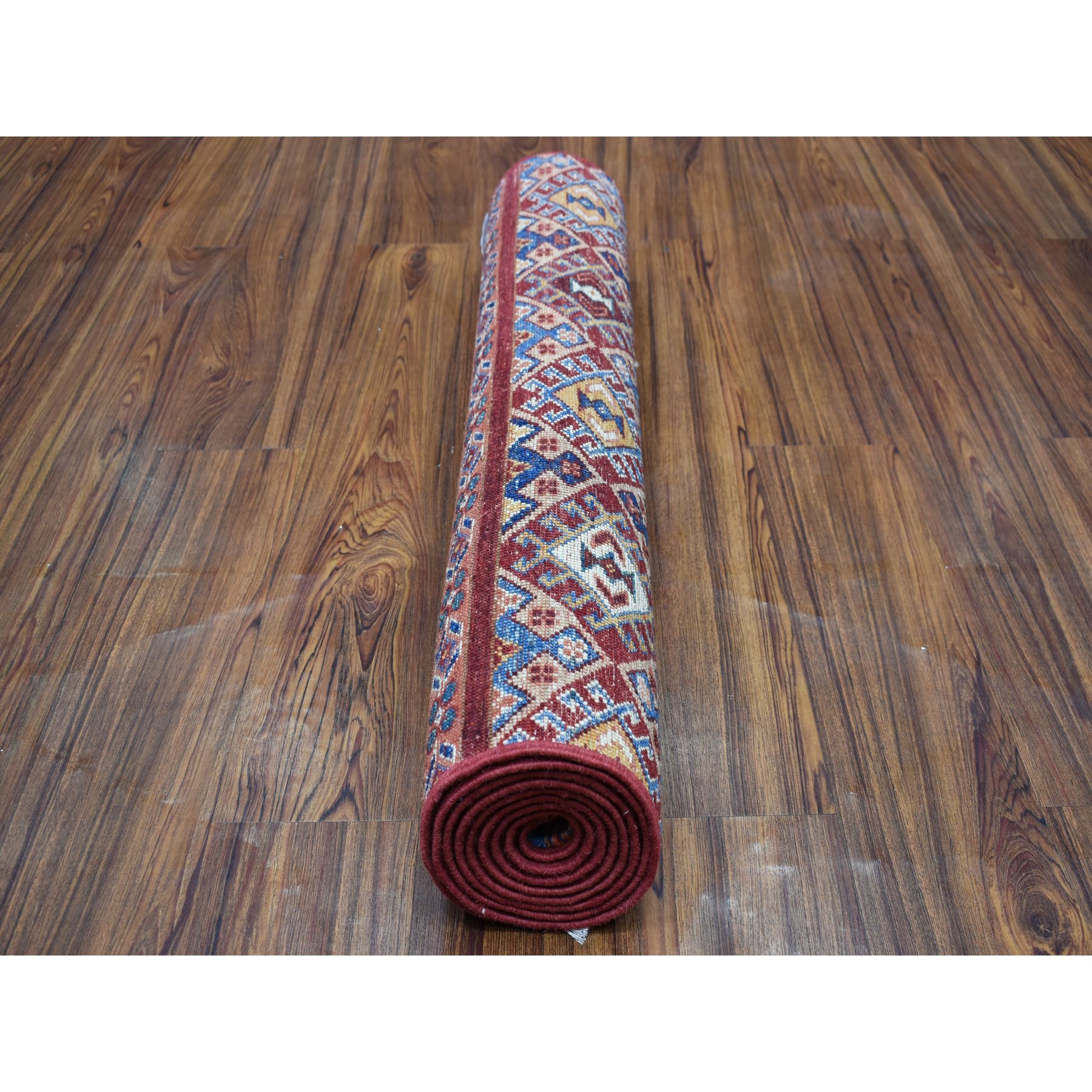 3-x8-3  Red Khorjin Design Runner Super Kazak Tribal Hand Knotted Pure Wool Oriental Rug 