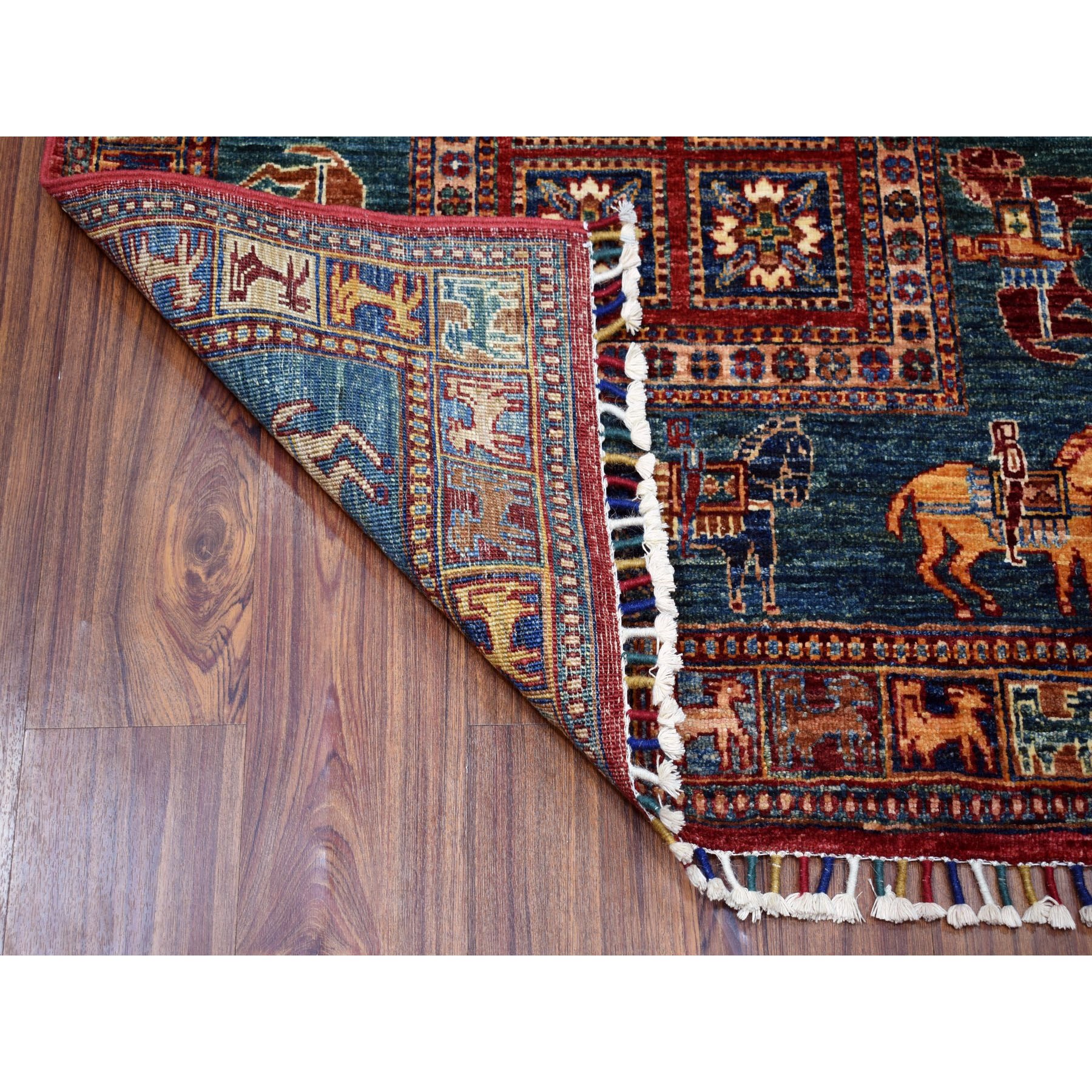 3-2 x5- Teal Horse Design Super Kazak Tribal Pure Wool Hand Knotted Oriental Rug 