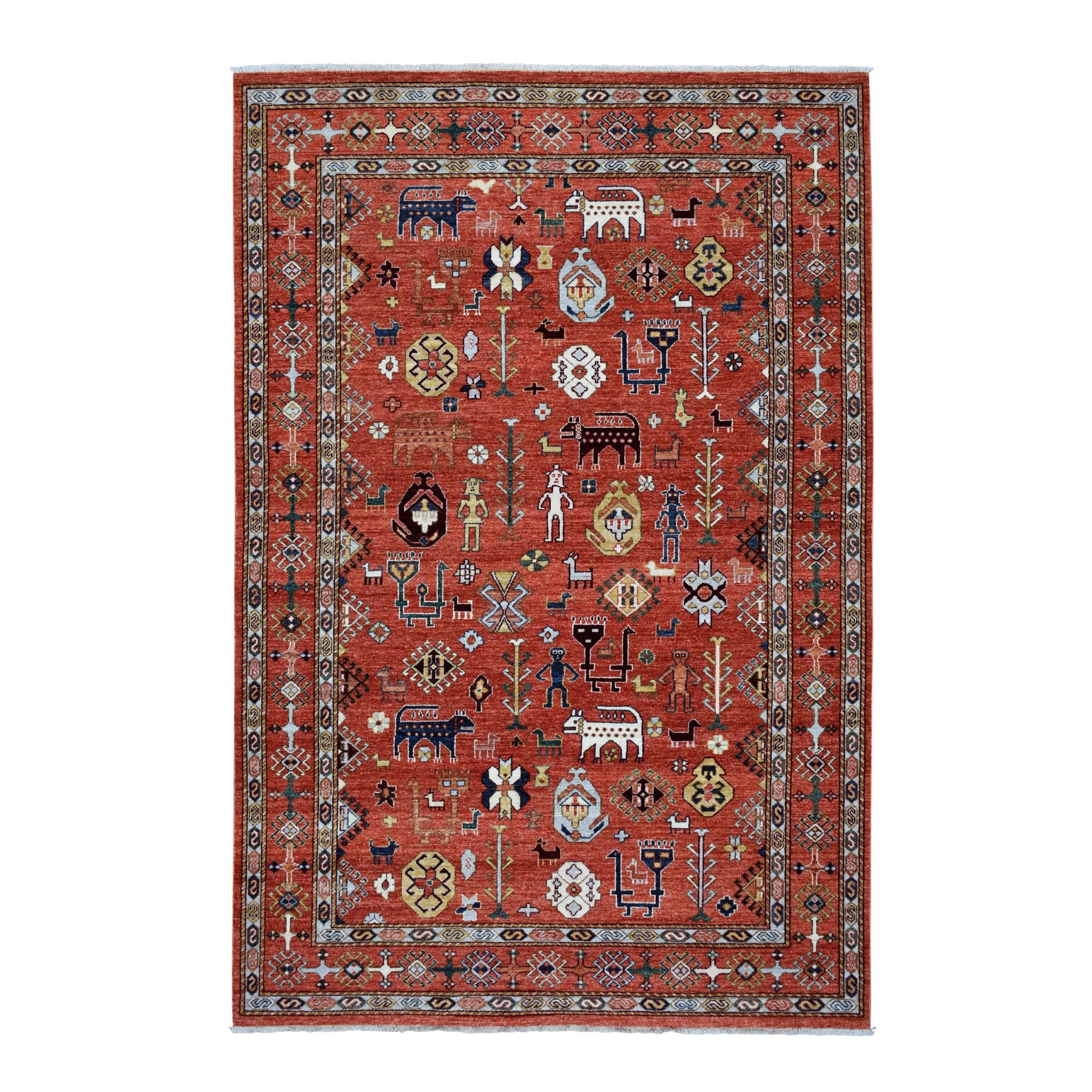 6-2 x9-1  Red Afghan Turkoman Ersari Pictorial Design Pure Wool Hand Knotted Oriental Rug 
