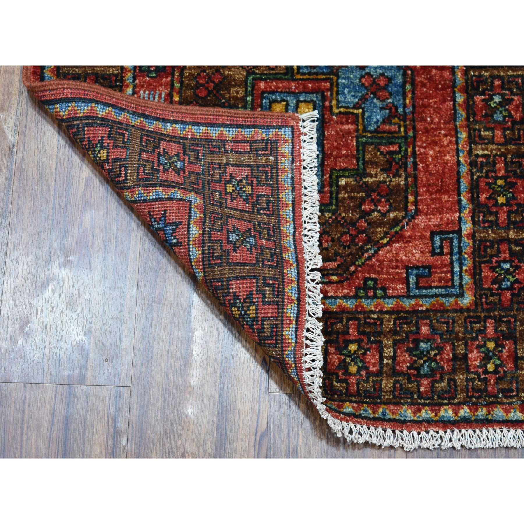 2-1 x3- Red Elephant Feet Design Hand Knotted Turkoman Afghan Ersari Pure Wool Oriental Rug 