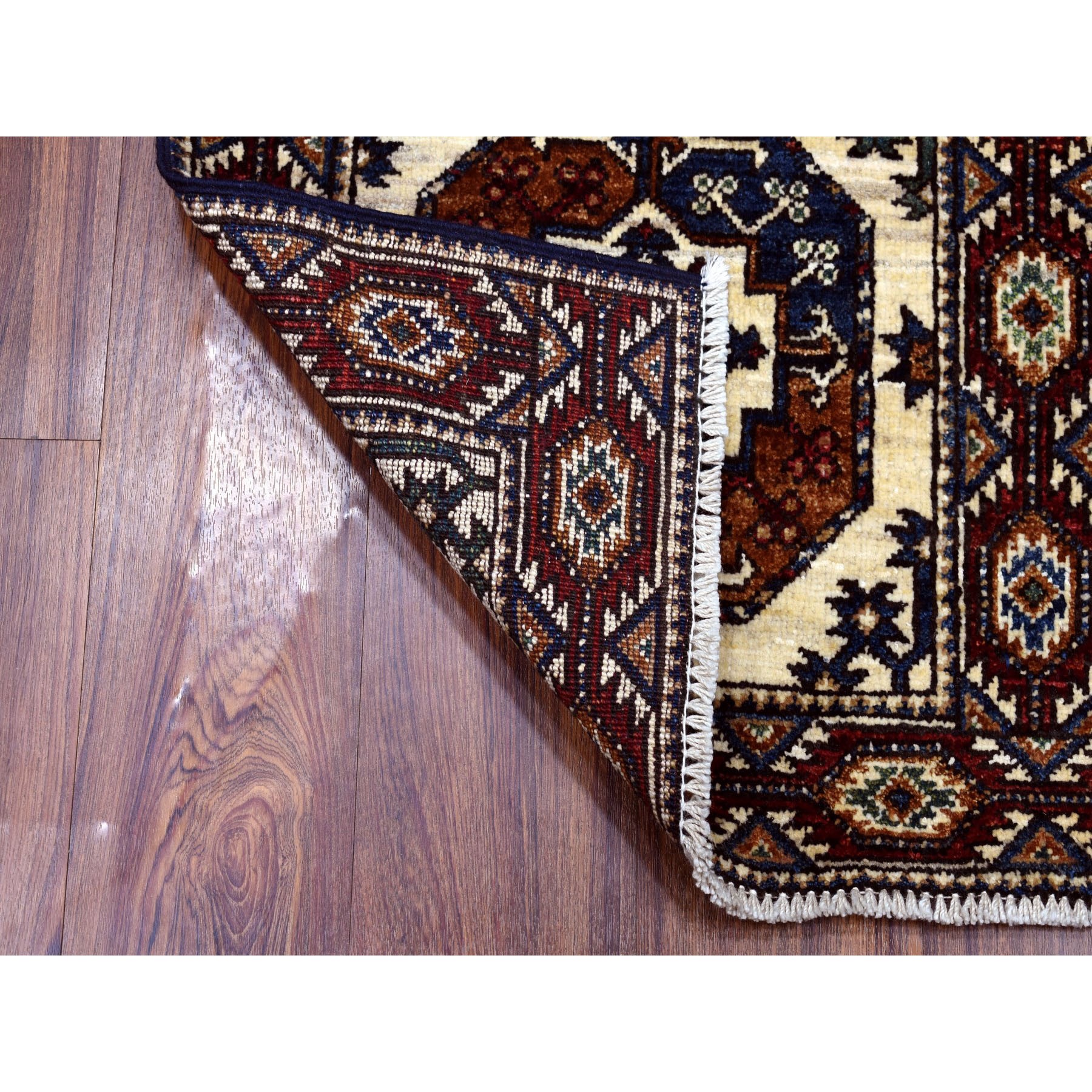 1-10 x2-9  Ivory Turkoman Afghan Ersari Hand Knotted Elephant Feet Design Pure Wool Oriental Rug 