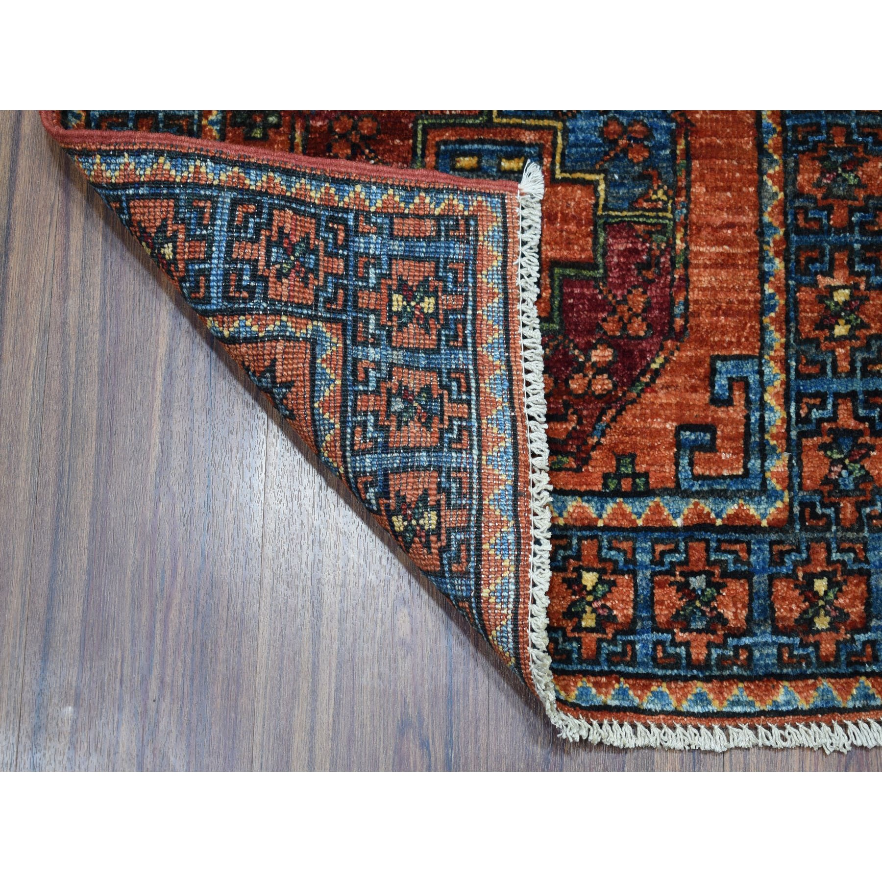 2-1 x3- Orange Turkoman Afghan Ersari Hand Knotted Elephant Feet Design Pure Wool Oriental Rug 