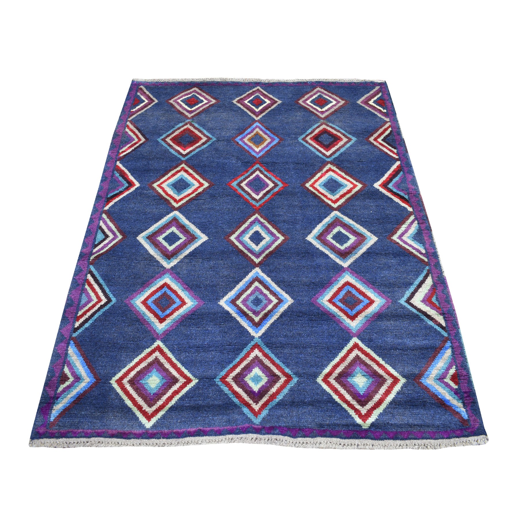 4-2 x5-7  Blue Colorful Afghan Baluch Geometric Design Hand Knotted Pure Wool Oriental Rug 