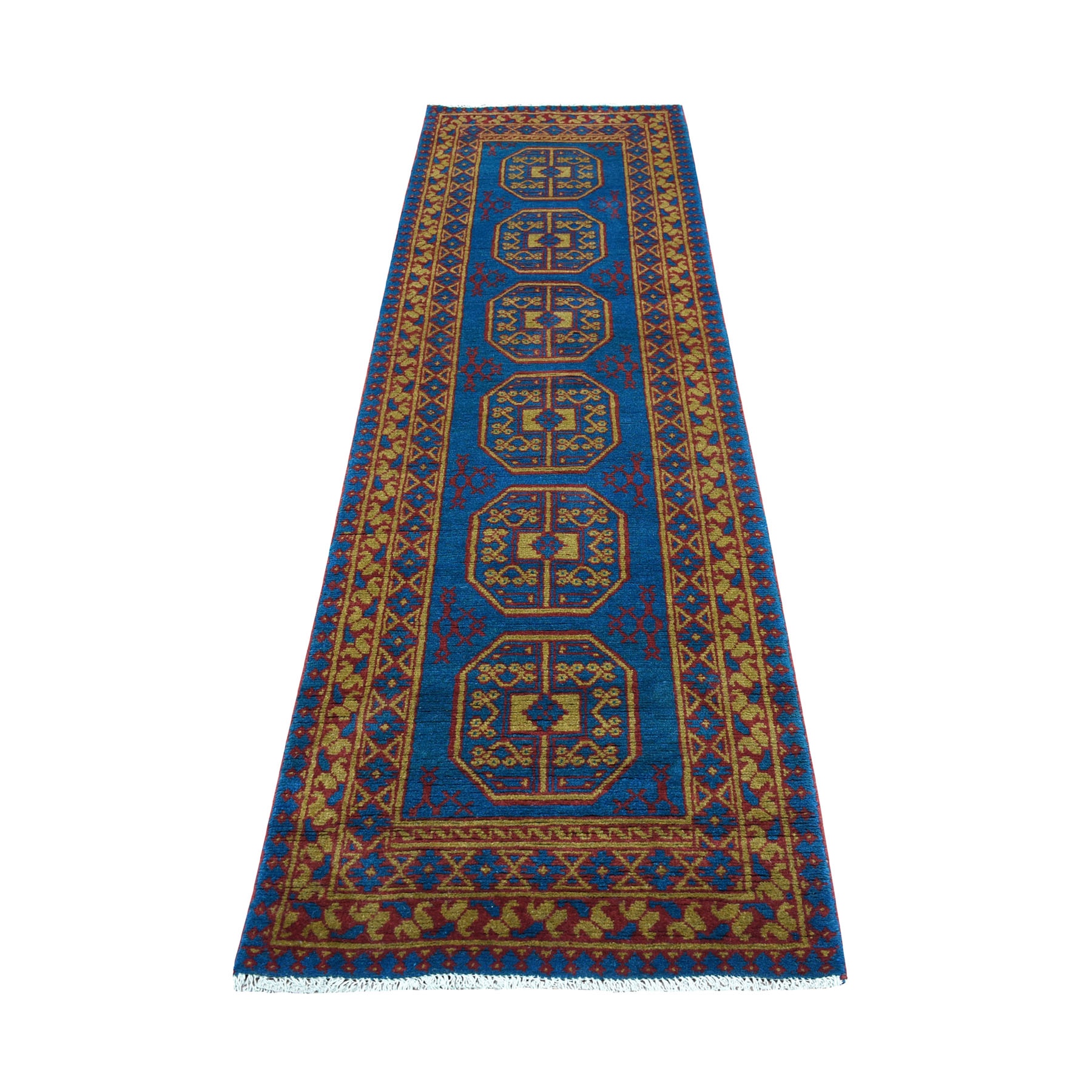 2'7"X9'4" Blue Elephant Feet Design Colorful Afghan Baluch Hand Knotted Pure Wool Runner Oriental Rug moaeccbc