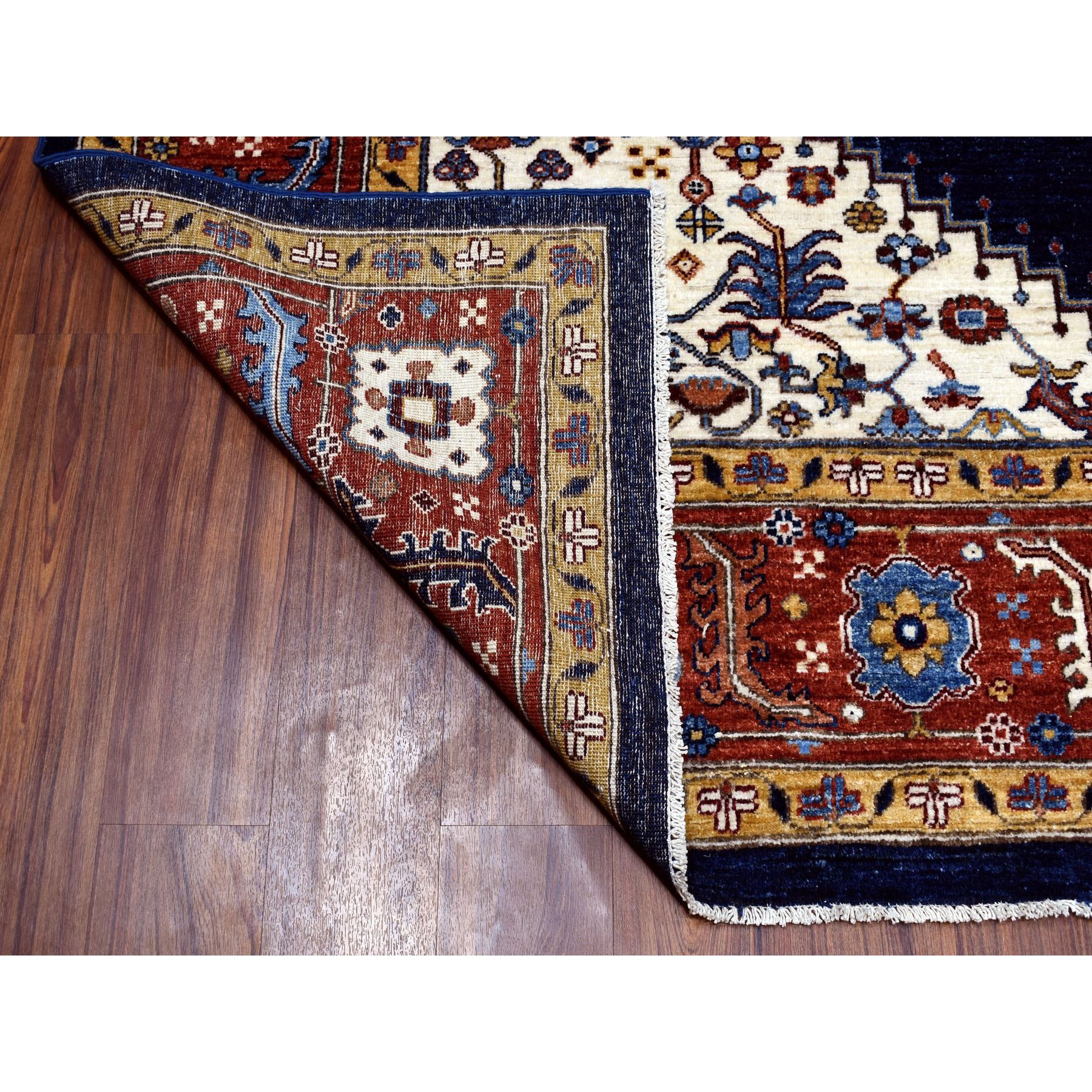 7-10 x9-5  Navy Blue Peshawar With Heriz Design Hand Knotted Pure Wool Oriental Rug 