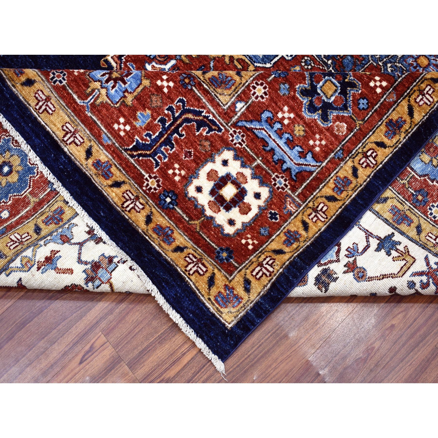 7-10 x9-5  Navy Blue Peshawar With Heriz Design Hand Knotted Pure Wool Oriental Rug 