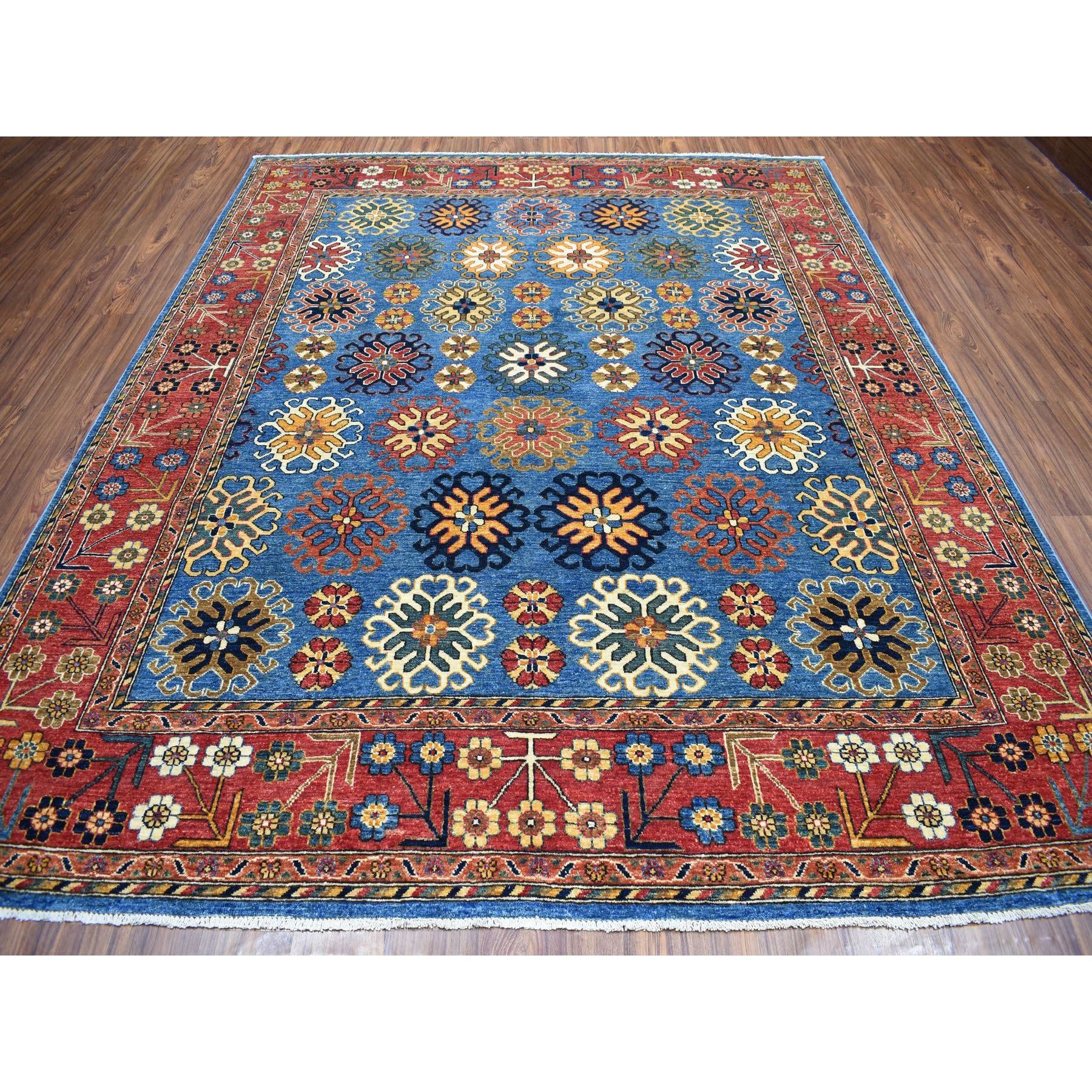8-x9-9  Blue Afghan Ersari With Repetitive Rosette Design Soft Pile Hand Knotted 100% Wool Oriental Rug 