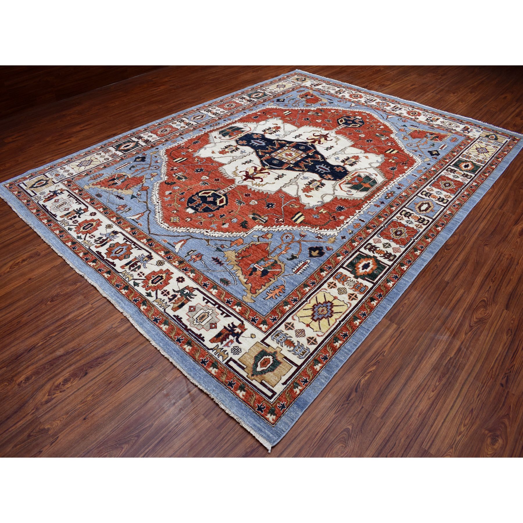 9-x11-8  Red Peshawar With Serapi Heriz Design Natural Dyes Hand Knotted Pure Wool Oriental Rug 