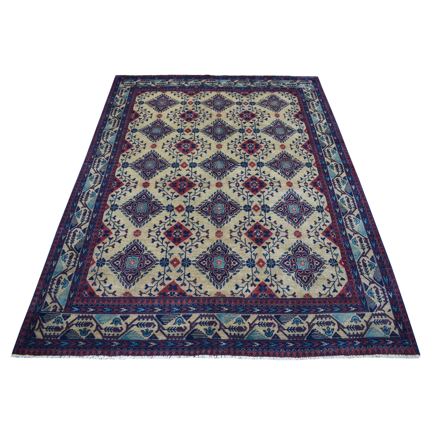 5'7"X7' Vintage Look Geometric Afghan Andkhoy Pure Wool Hand Knotted Oriental Rug moaecc96