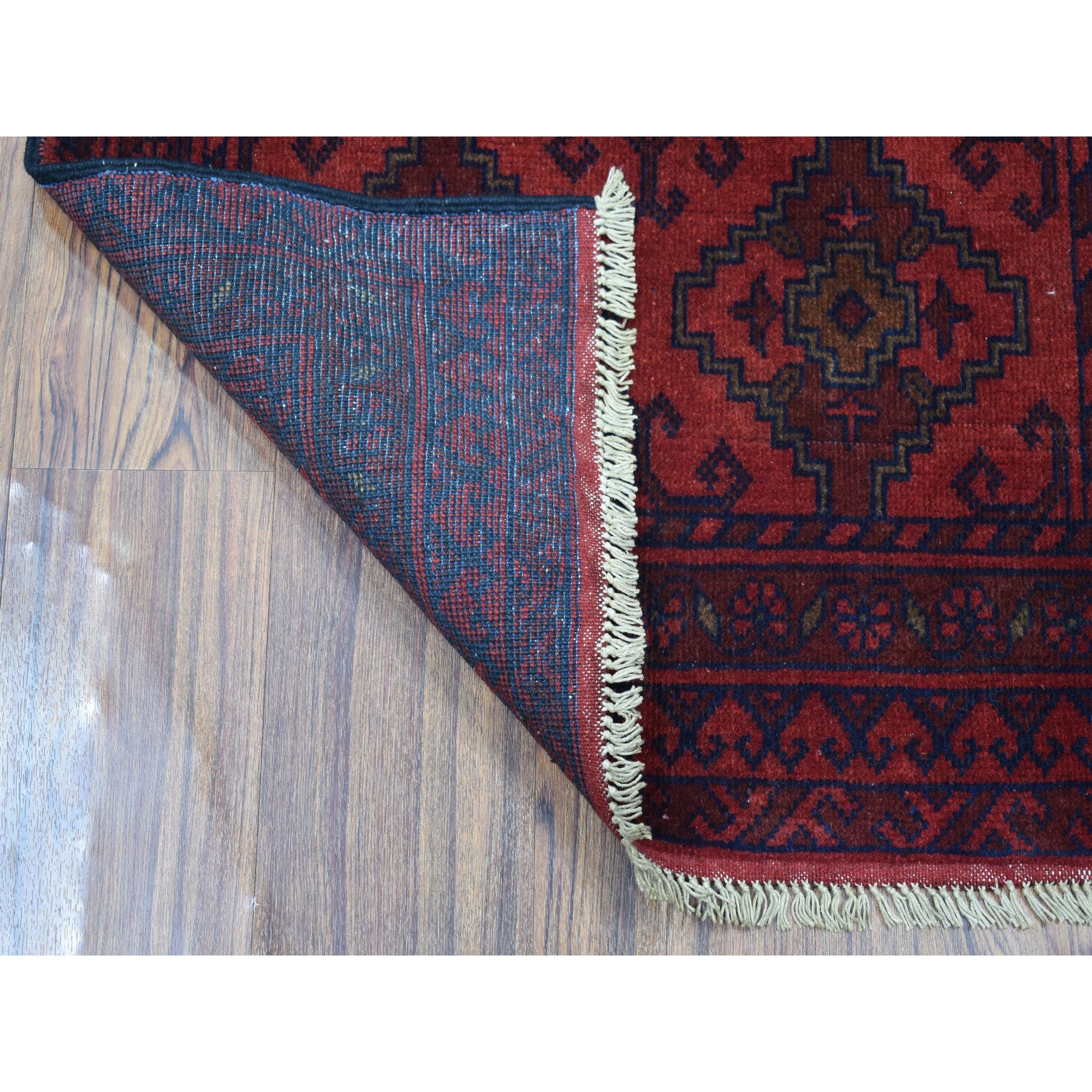 2-4 x3-10  Deep and Saturated Red Geometric Afghan Andkhoy Pure Wool Hand Knotted Oriental Rug 
