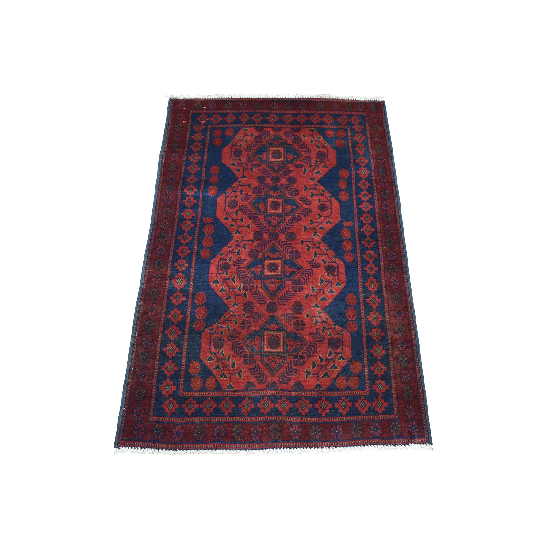 2'8"X3'9" Deep And Saturated Red Geometric Afghan Andkhoy Pure Wool Hand Knotted Oriental Rug moaece09