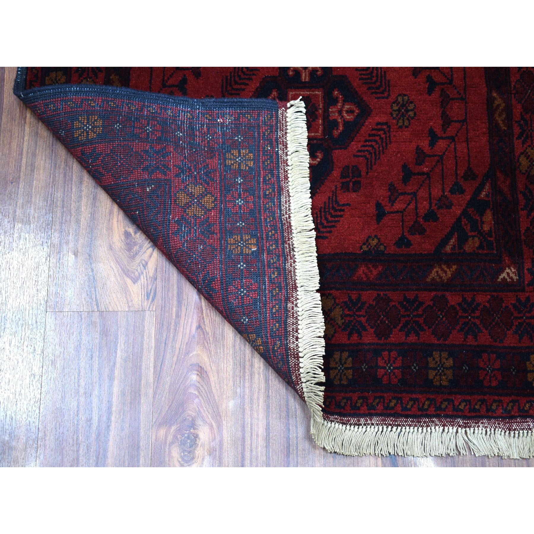 2-9 x9-5  Deep and Saturated Red Geometric Afghan Andkhoy Runner Pure Wool Hand Knotted Oriental Rug 