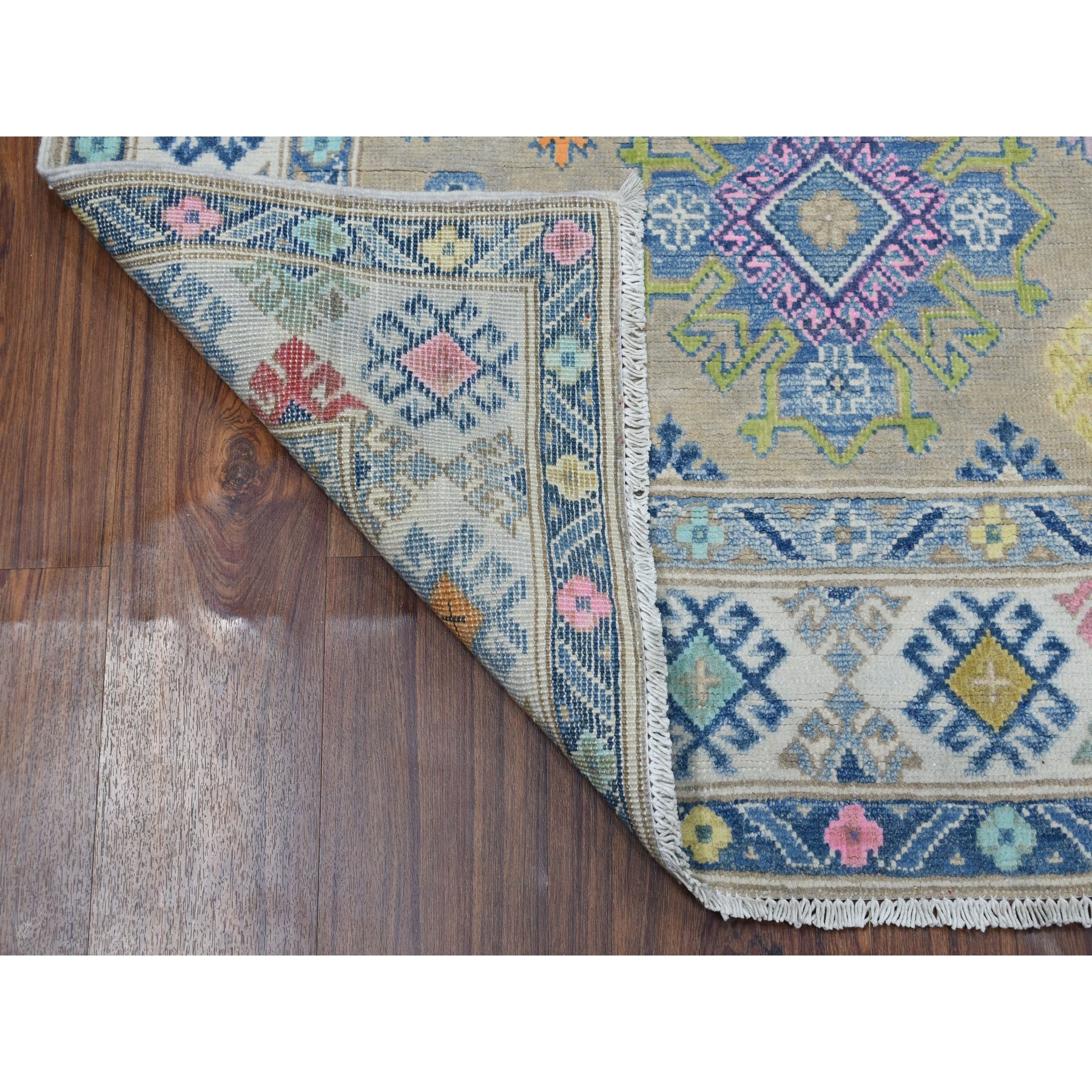 3-9 x5-7  Colorful Gray Fusion Kazak Pure Wool Geometric Design Hand Knotted Oriental Rug 