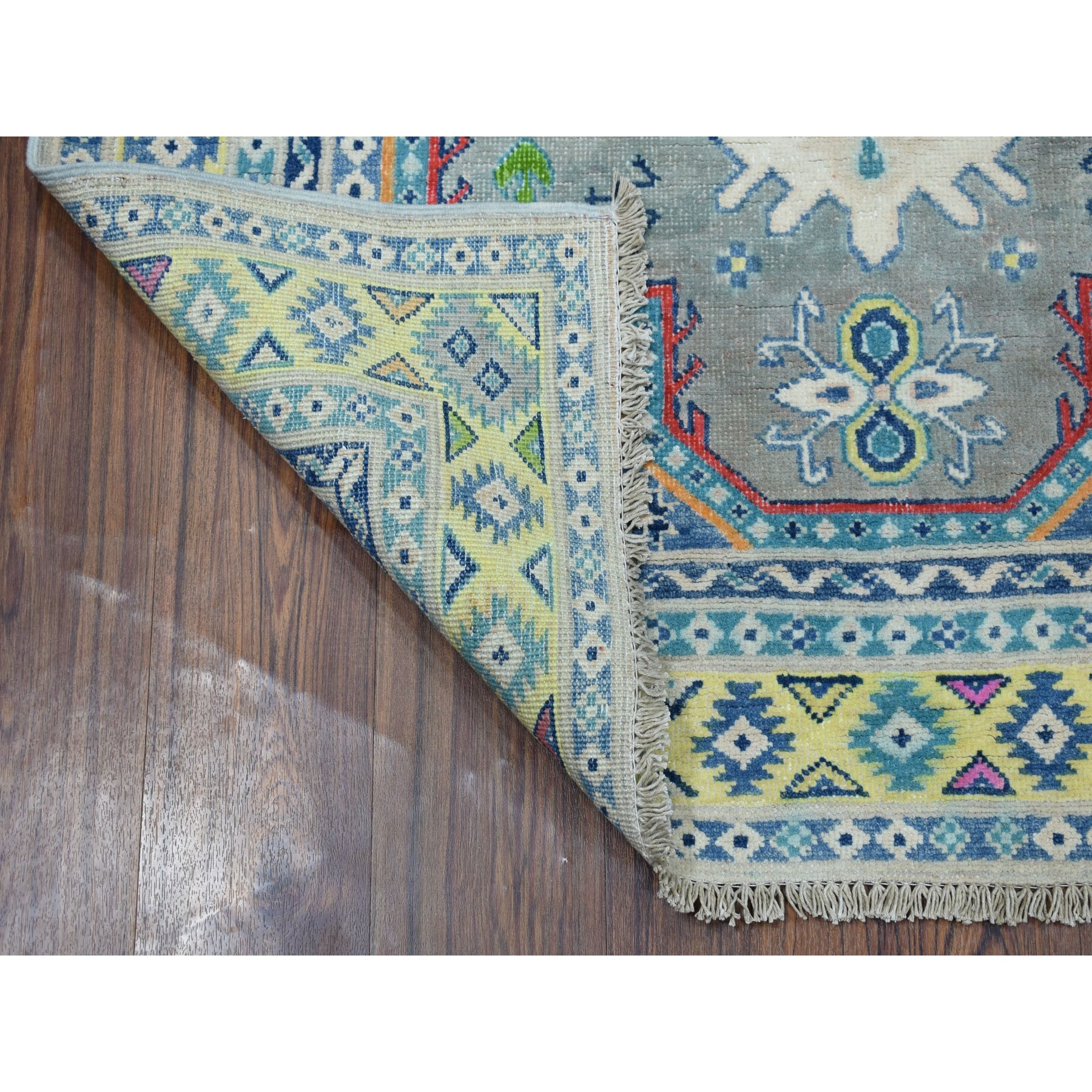4-x6- Colorful Gray Fusion Kazak Pure Wool Geometric Design Hand Knotted Oriental Rug 