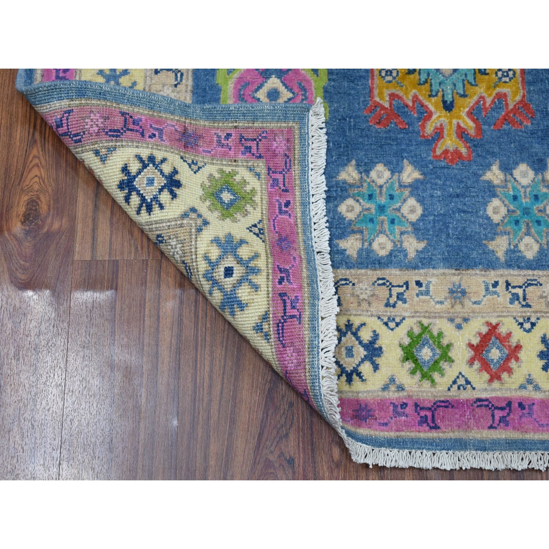 4-x6- Colorful Blue Fusion Kazak Pure Wool Geometric Design Hand Knotted Oriental Rug 