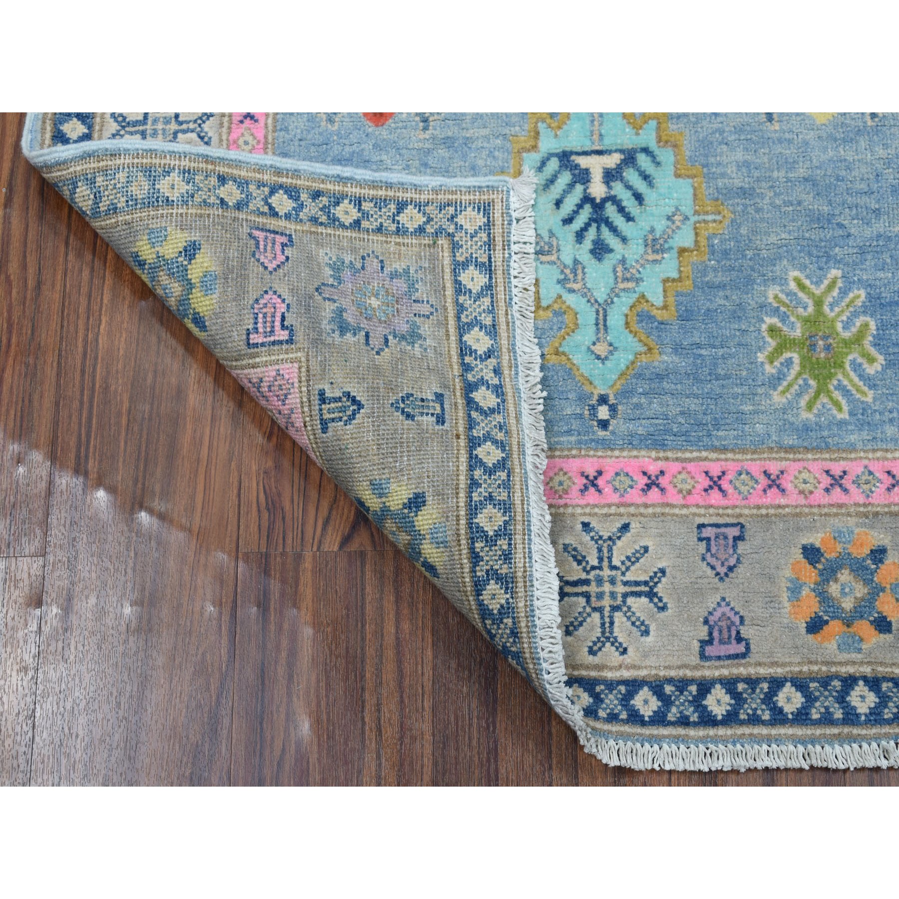 3-2 x4-10  Colorful Blue Fusion Kazak Pure Wool Hand Knotted Oriental Rug 