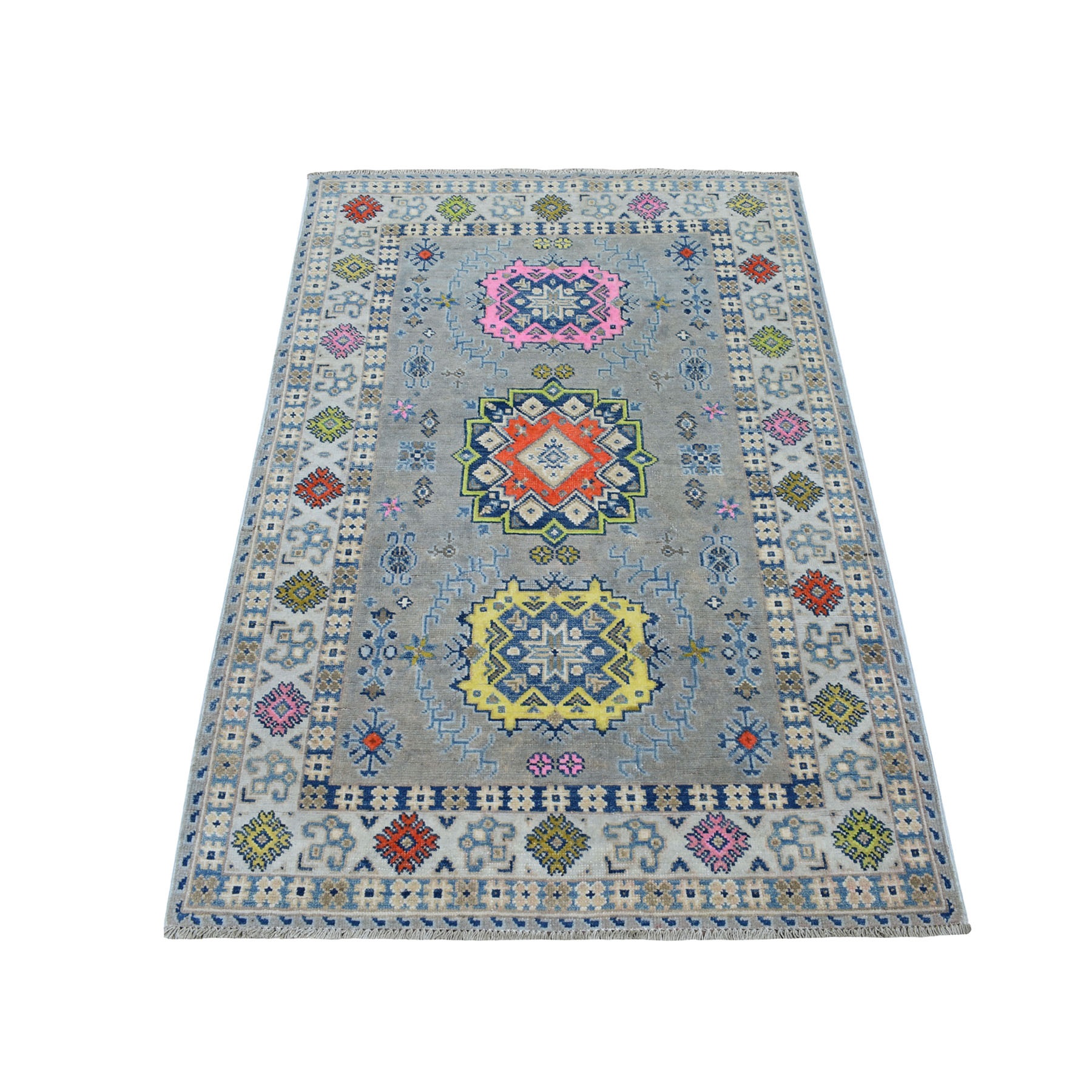3'3"X5' Colorful Gray Fusion Kazak Pure Wool Geometric Design Hand Knotted Oriental Rug moaeced0