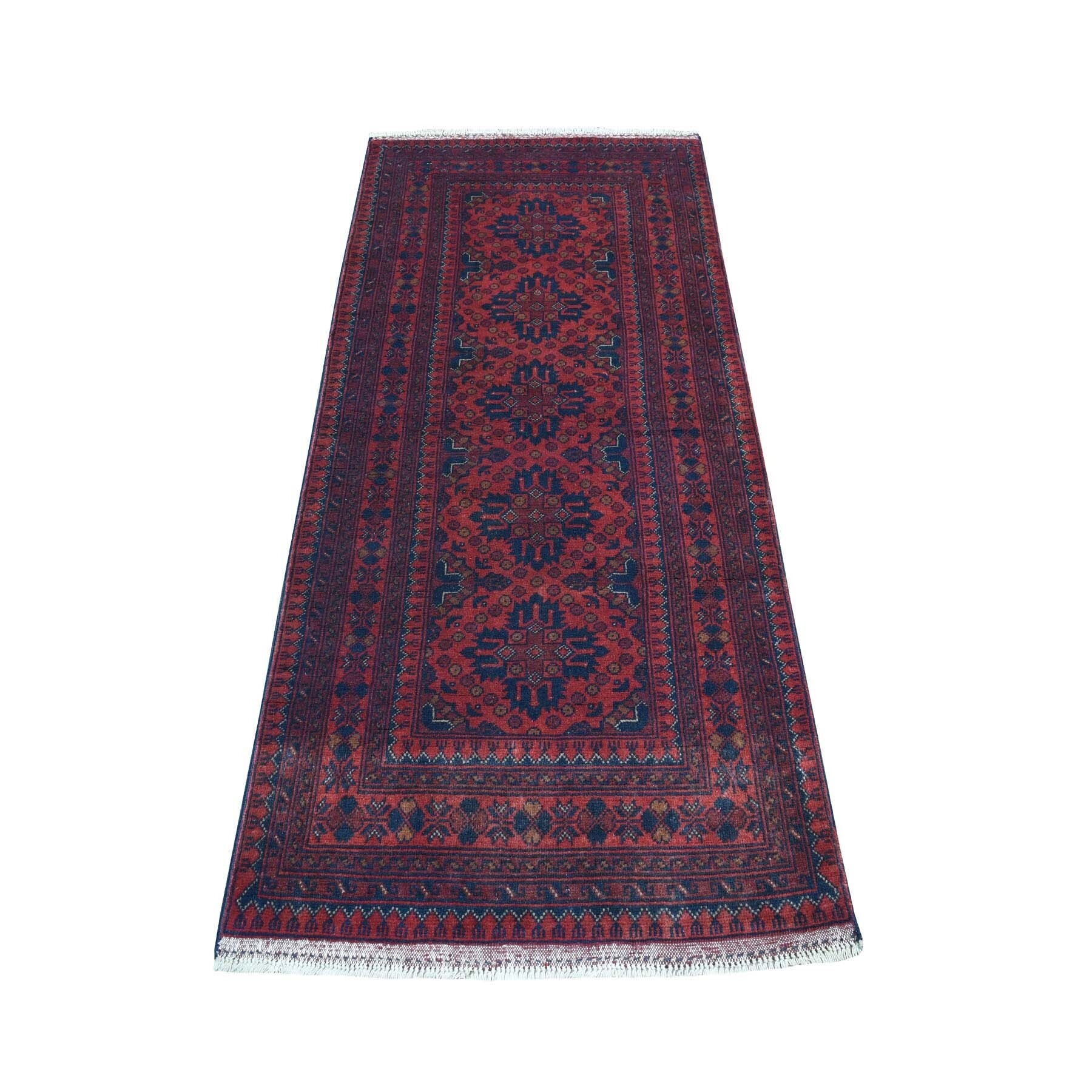 2'8"X6'1" Deep And Saturated Red Geometric Afghan Andkhoy Runner Pure Wool Hand Knotted Oriental Rug moaeceed
