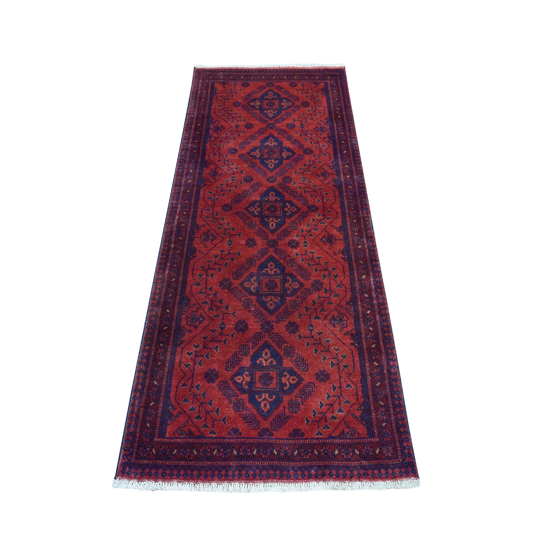2'6"X6'1" Deep And Saturated Red Geometric Afghan Andkhoy Runner Pure Wool Hand Knotted Oriental Rug moaecee6