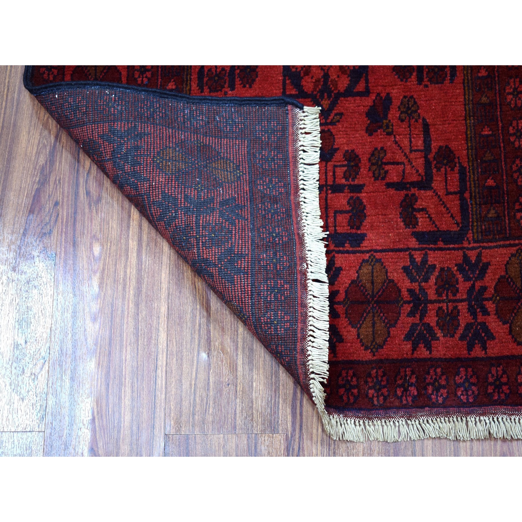 2-8 x6-4  Deep and Saturated Red Geometric Afghan Andkhoy Runner Pure Wool Hand Knotted Oriental Rug 