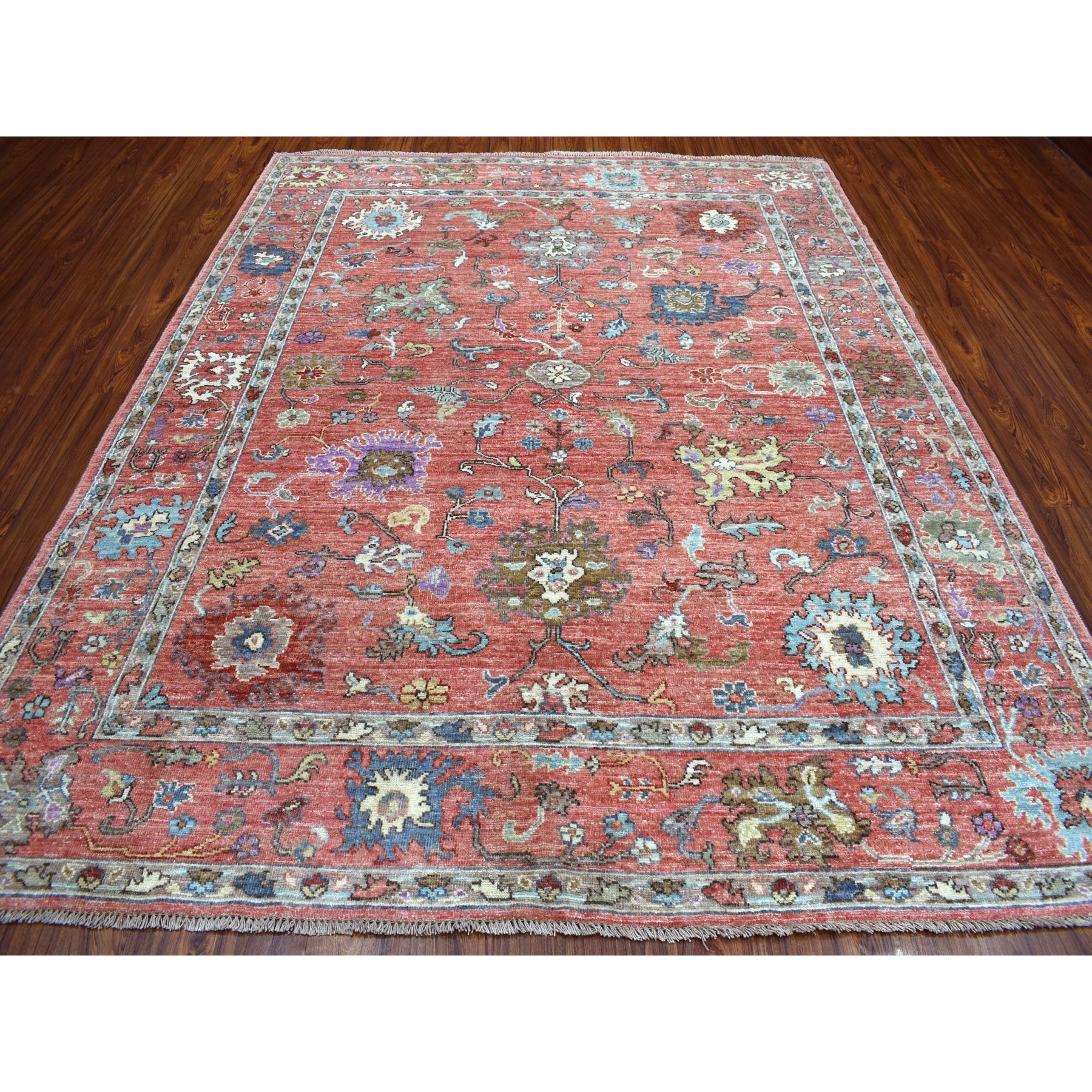 7-10 x9-8  Coral Angora Oushak With Pop Of Rust Color Soft Velvety wool Hand Knotted Oriental Rug 