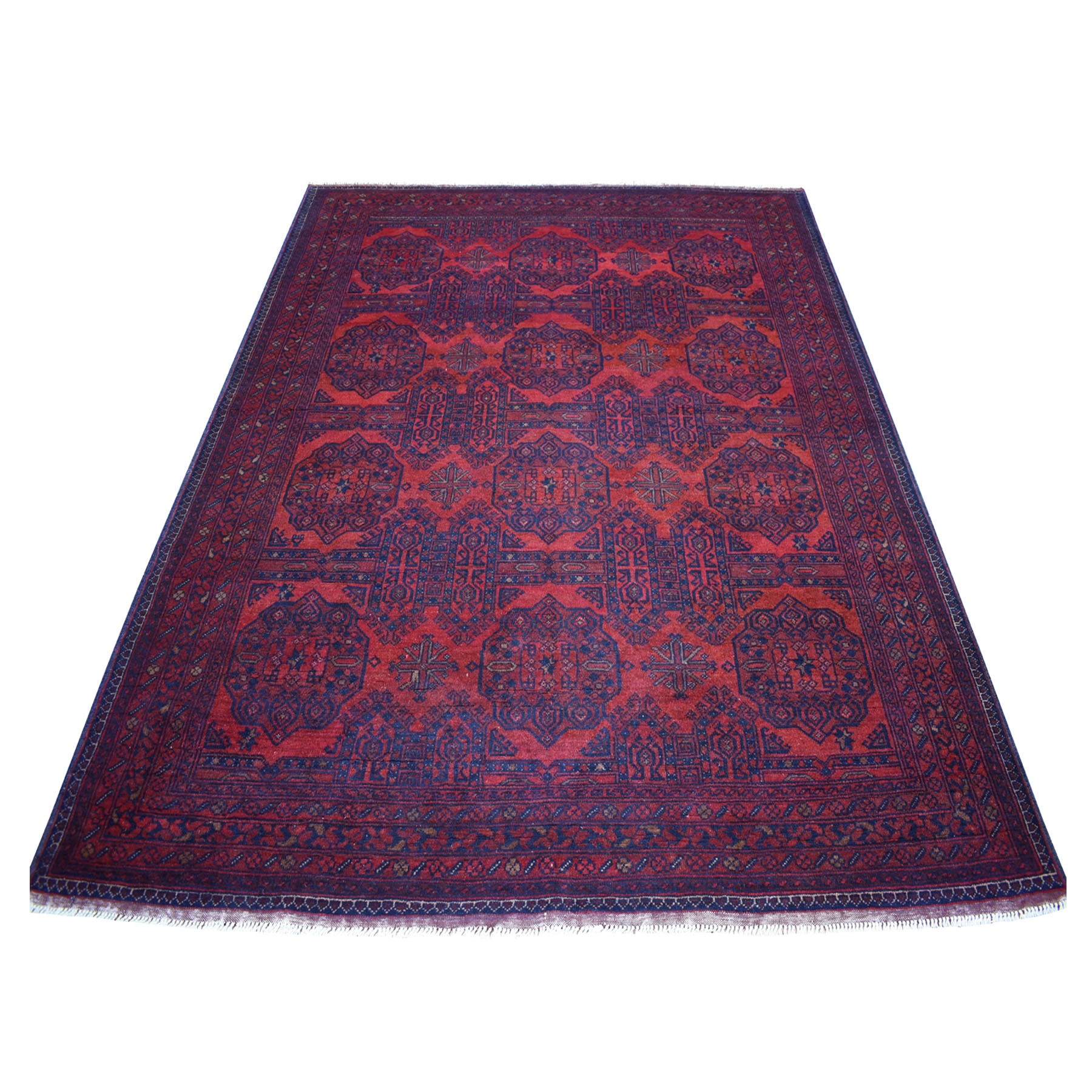 5'9"X7'5" Deep And Saturated Red Geometric Afghan Andkhoy Pure Wool Hand Knotted Oriental Rug moaec690