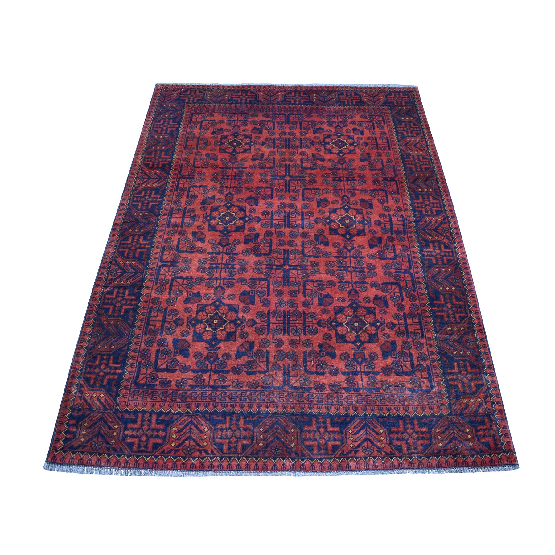 4'3"X6'4" Deep And Saturated Red Geometric Afghan Andkhoy Pure Wool Hand Knotted Oriental Rug moaec69c