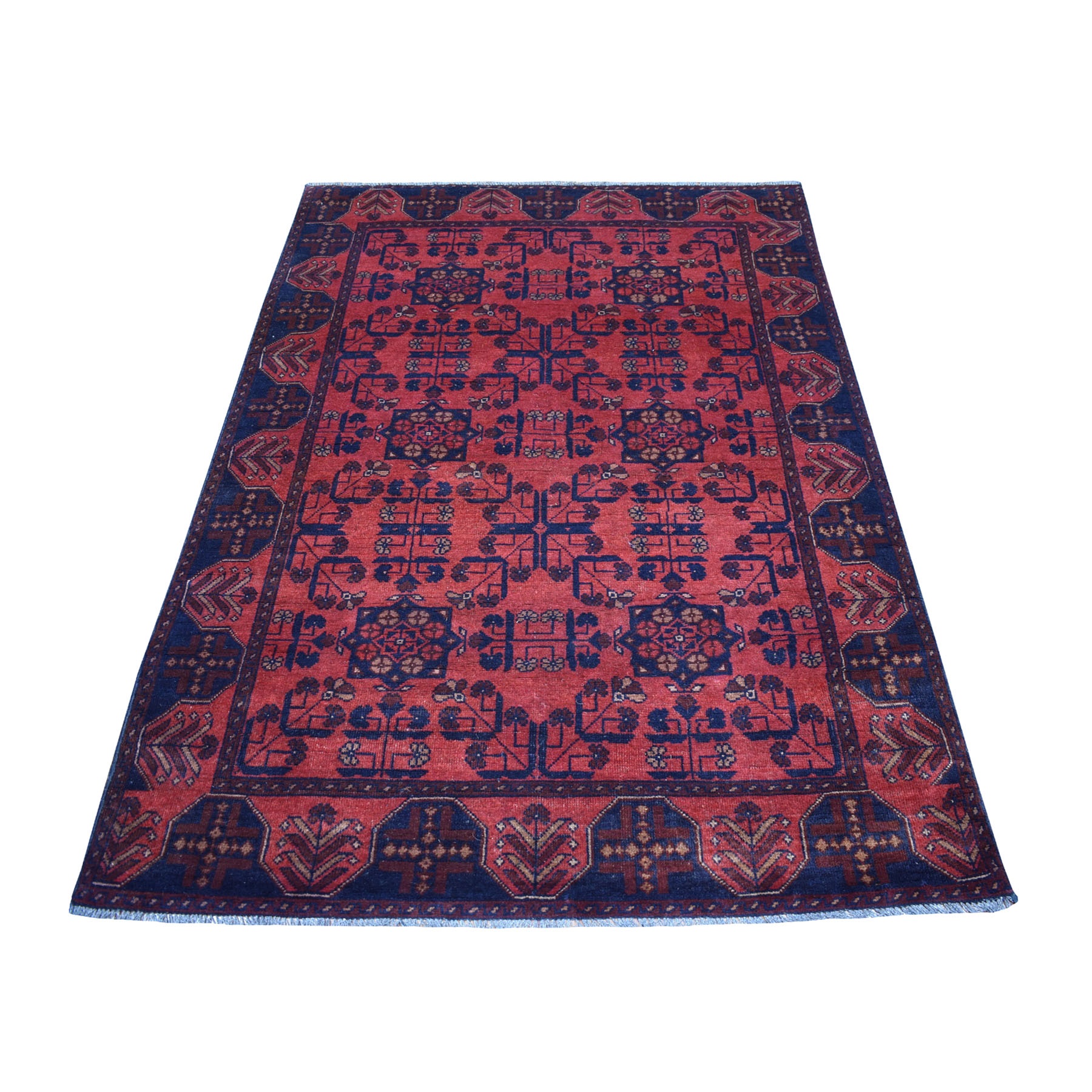4-1 x6-3  Deep and Saturated Red Geometric Afghan Andkhoy Pure Wool Hand Knotted Oriental Rug 