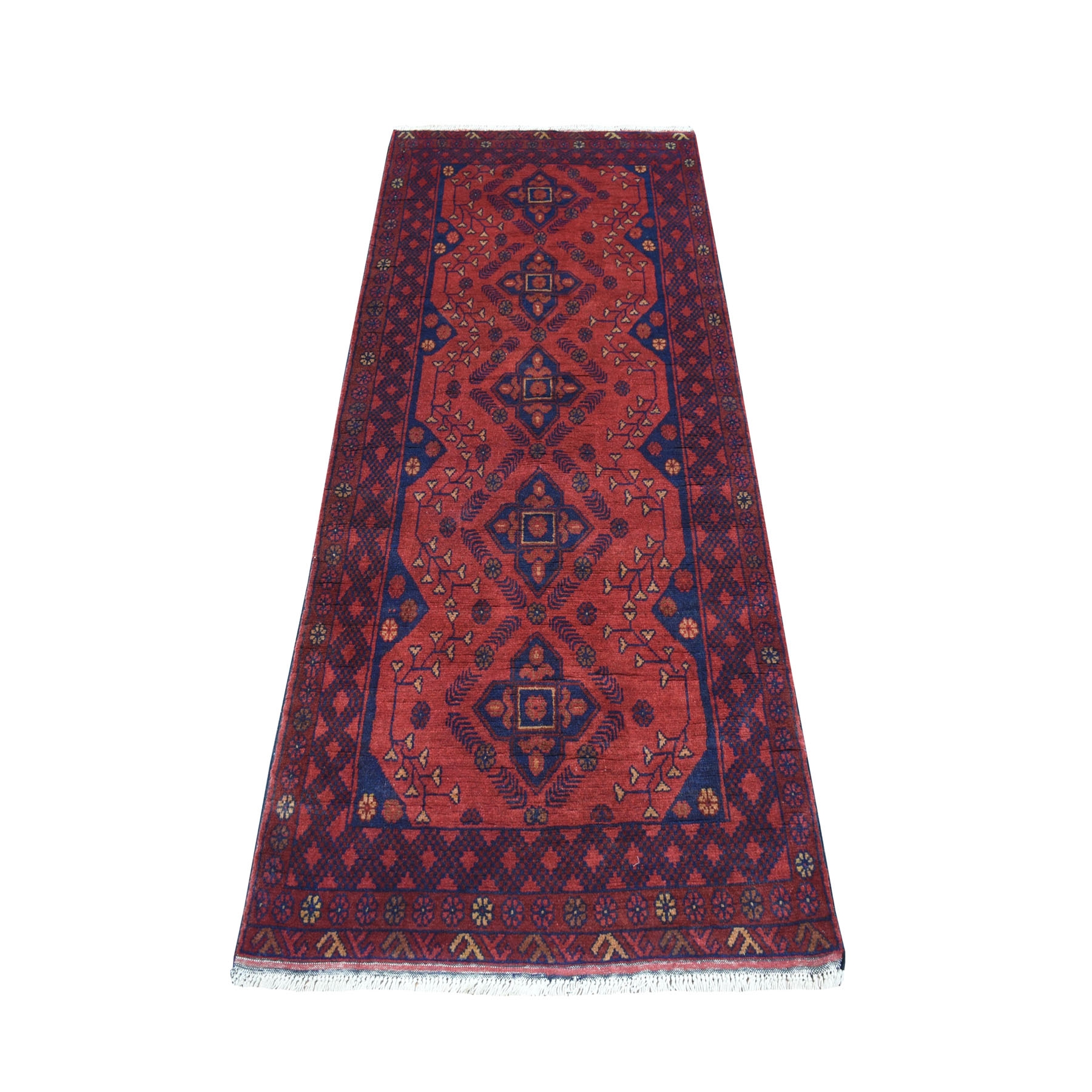 2'7"X6'5" Deep And Saturated Red Geometric Afghan Andkhoy Runner Pure Wool Hand Knotted Oriental Rug moaec699
