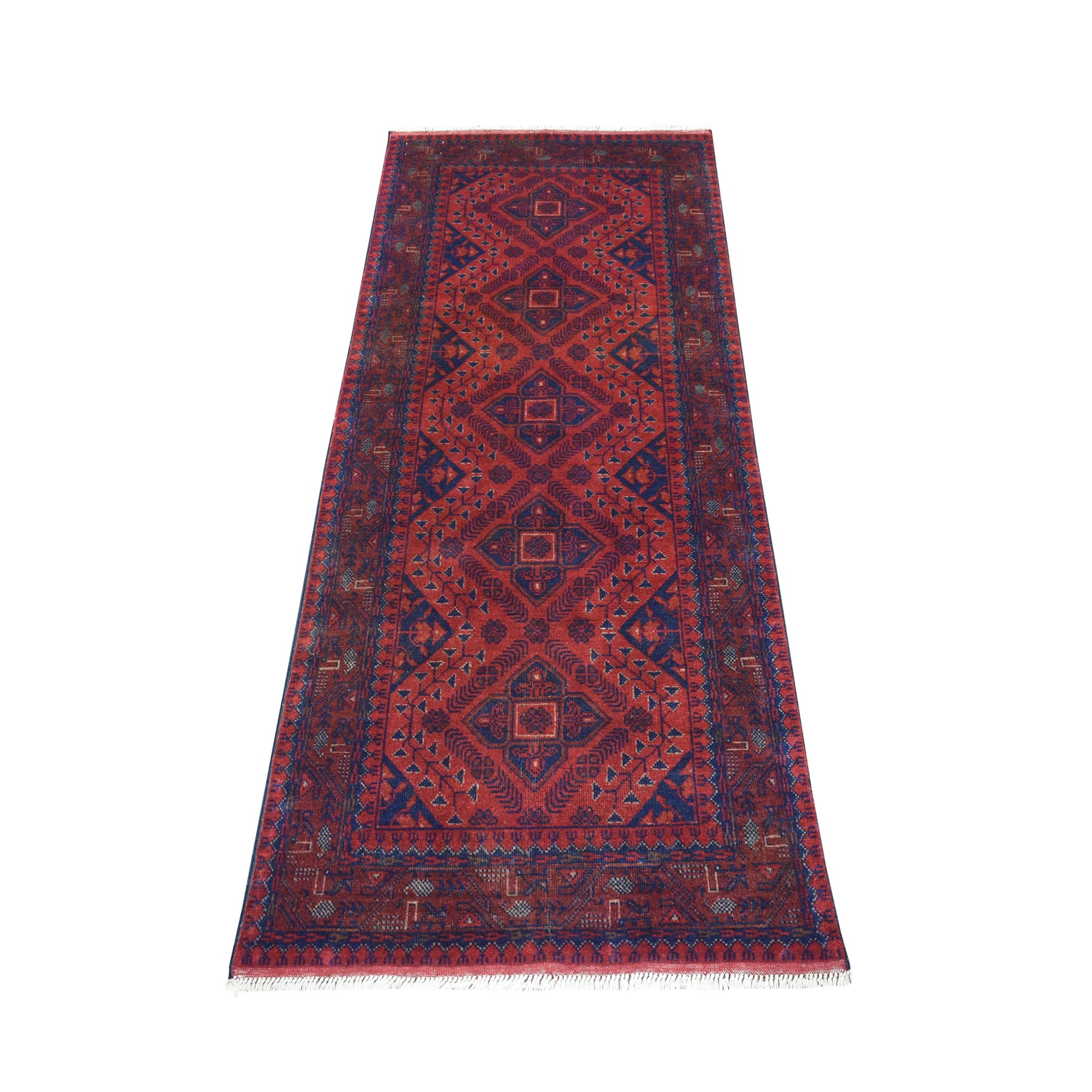 2'6"X6'3" Deep And Saturated Red Geometric Afghan Andkhoy Runner Pure Wool Hand Knotted Oriental Rug moaec700