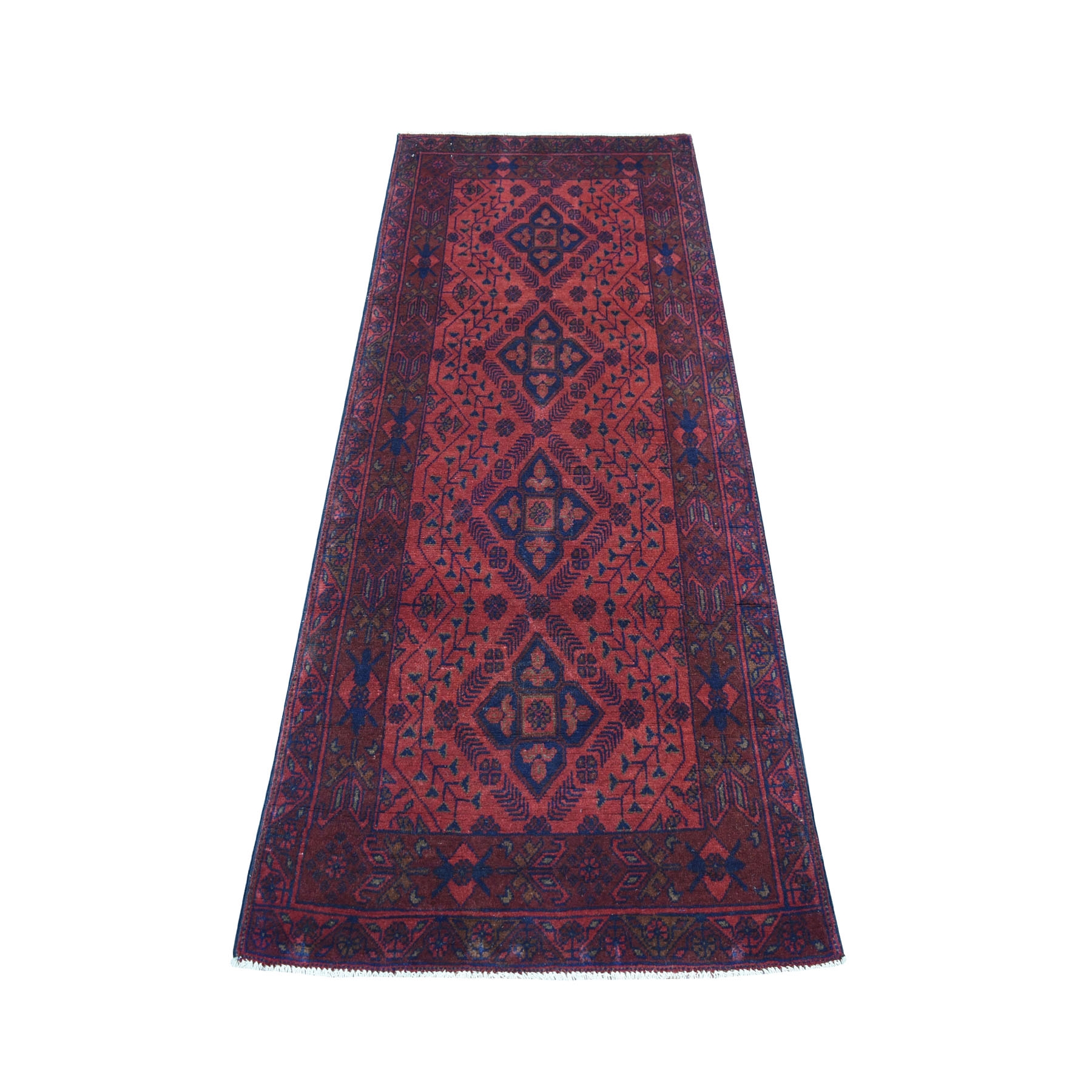 2'5"X6'4" Deep And Saturated Red Geometric Afghan Andkhoy Runner Pure Wool Hand Knotted Oriental Rug moaec70a