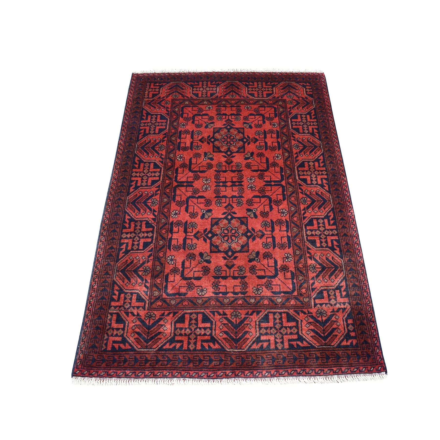 3'3"X5' Deep And Saturated Red Geometric Afghan Andkhoy Pure Wool Hand Knotted Oriental Rug moaec7a0