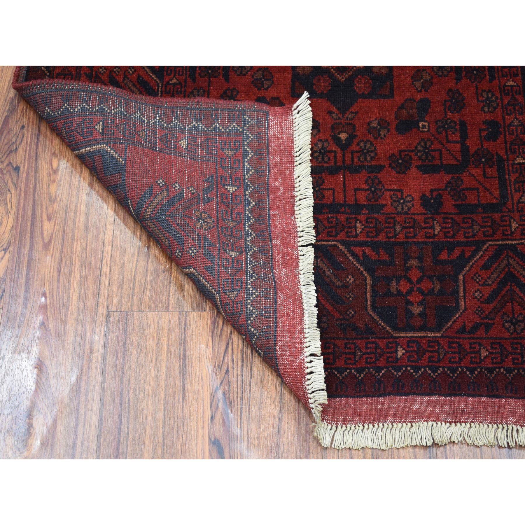 3-3 x5- Deep and Saturated Red Geometric Afghan Andkhoy Pure Wool Hand Knotted Oriental Rug 