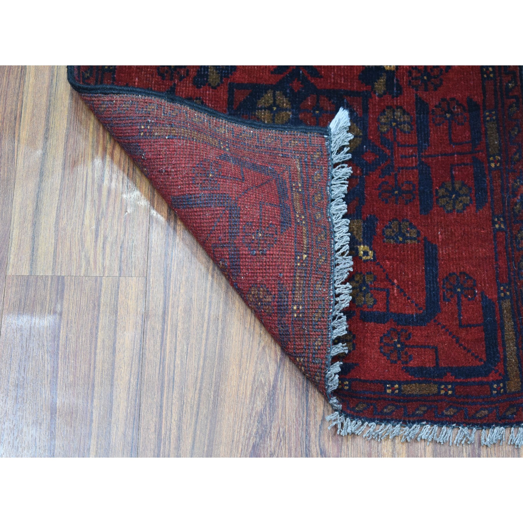 1-8 x3-4  Deep and Saturated Red Geometric Afghan Andkhoy Pure Wool Hand Knotted Oriental Rug 