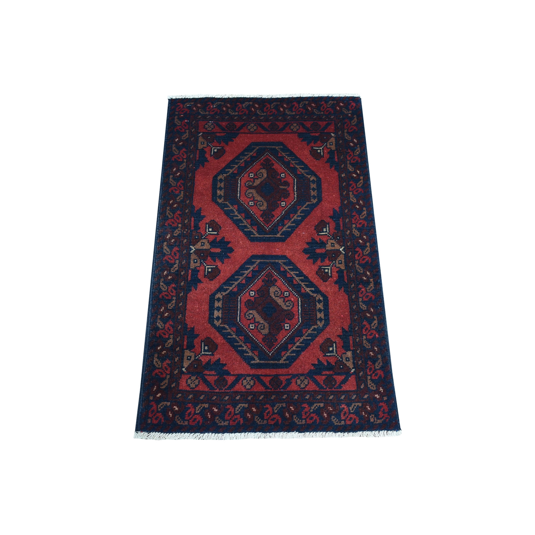 1'8"X3'2" Deep And Saturated Red Geometric Afghan Andkhoy Pure Wool Hand Knotted Oriental Rug moaec7ed