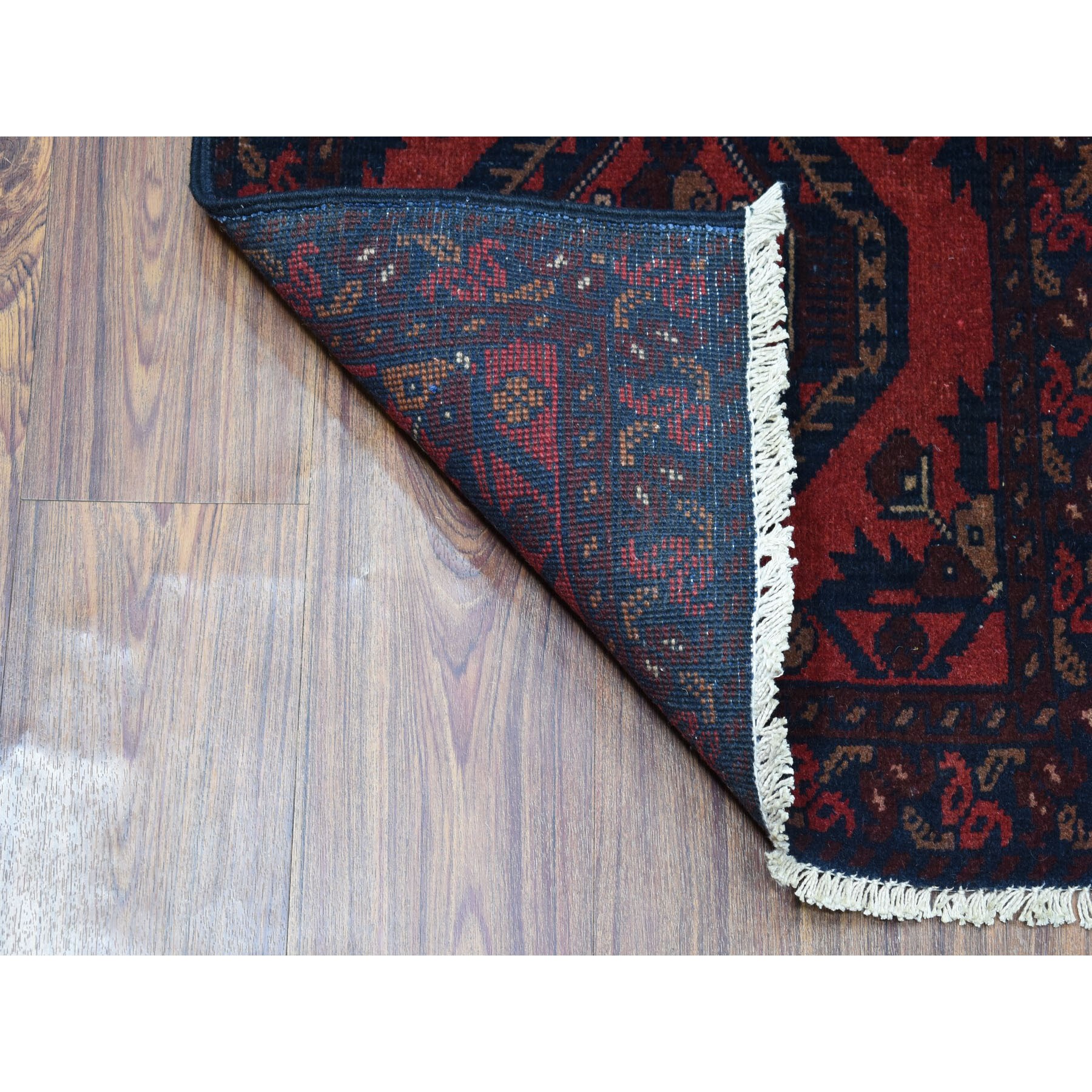1-8 x3-2  Deep and Saturated Red Geometric Afghan Andkhoy Pure Wool Hand Knotted Oriental Rug 