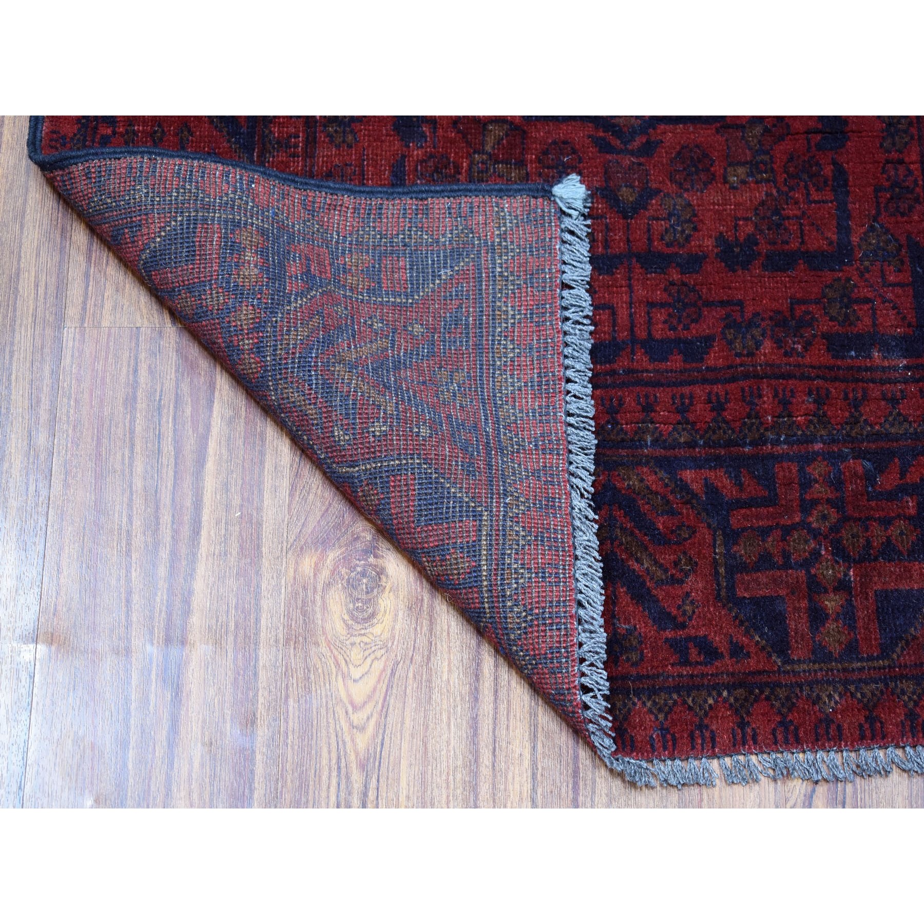 2-7 x9-6  Deep and Saturated Red Geometric Afghan Andkhoy Runner Pure Wool Hand Knotted Oriental Rug 