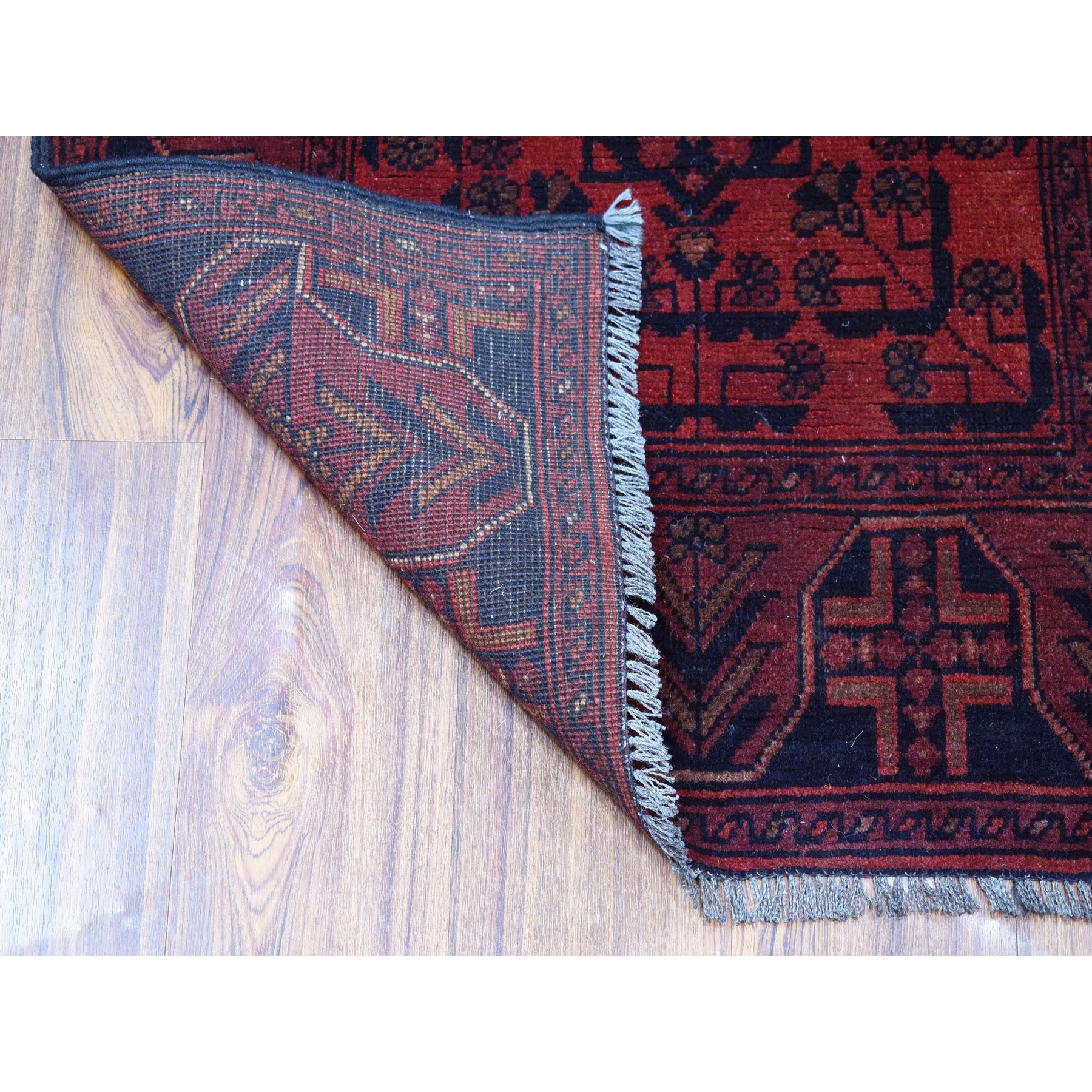 2-7 x9- Deep and Saturated Red Geometric Afghan Andkhoy Runner Pure Wool Hand Knotted Oriental Rug 
