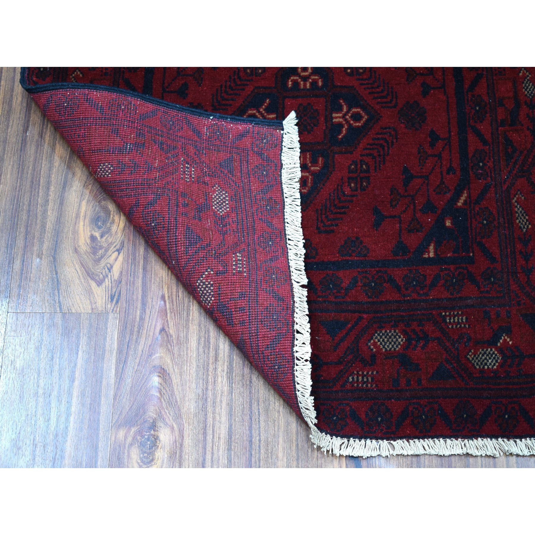 2-9 x9-8  Deep and Saturated Red Geometric Afghan Andkhoy Runner Pure Wool Hand Knotted Oriental Rug 