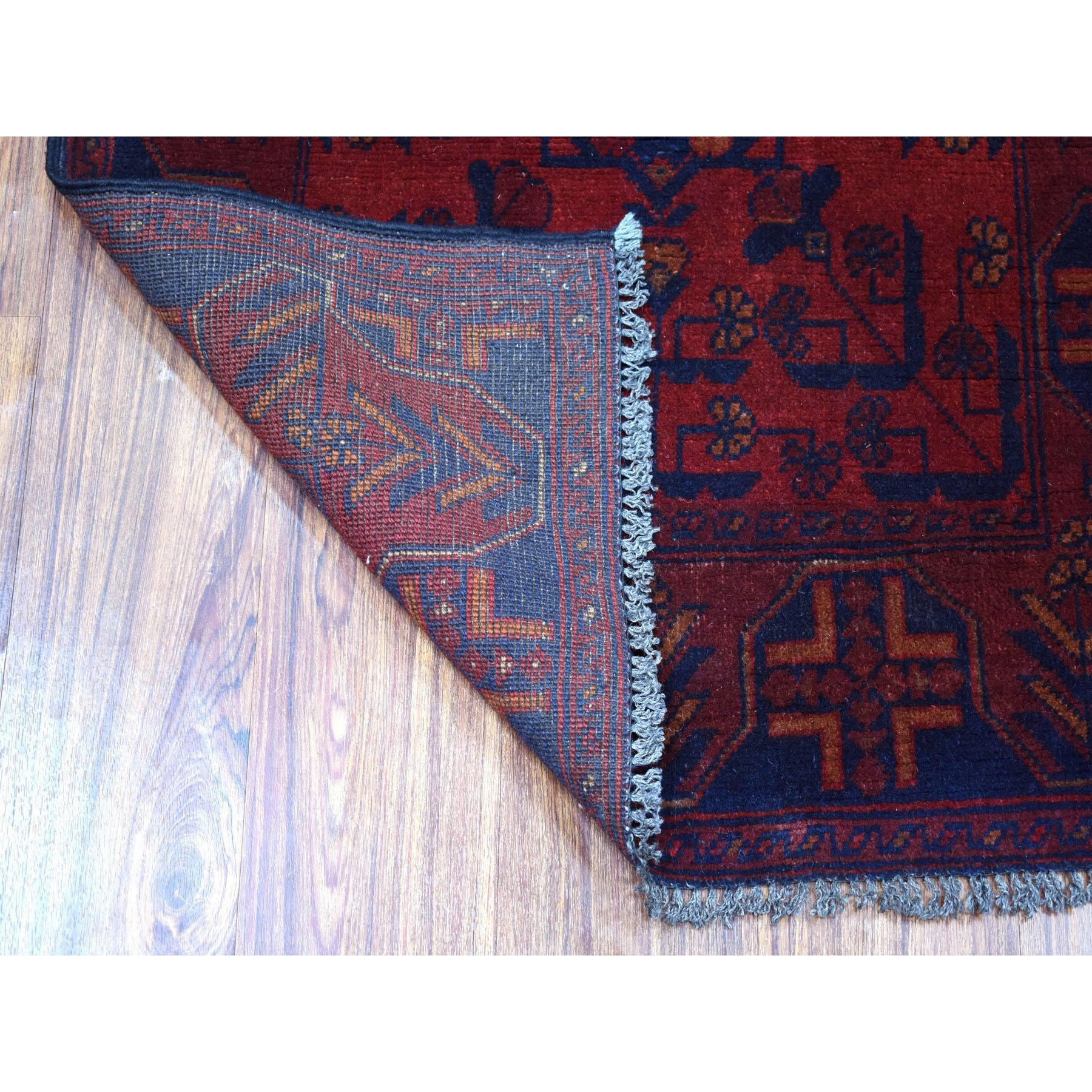 2-7 x9-5  Deep and Saturated Red Geometric Afghan Andkhoy Runner Pure Wool Hand Knotted Oriental Rug 