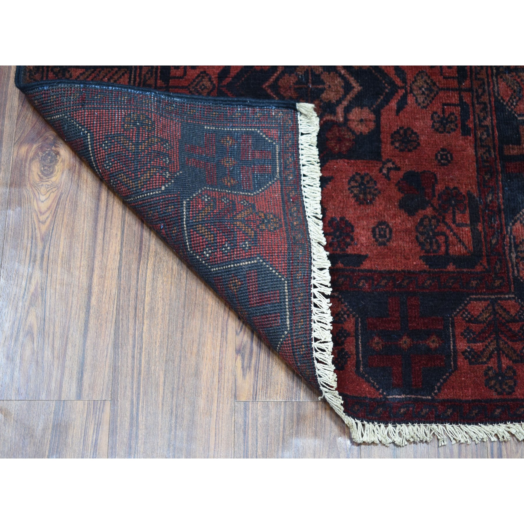 2-8 x9-5  Deep and Saturated Red Geometric Afghan Andkhoy Runner Pure Wool Hand Knotted Oriental Rug 