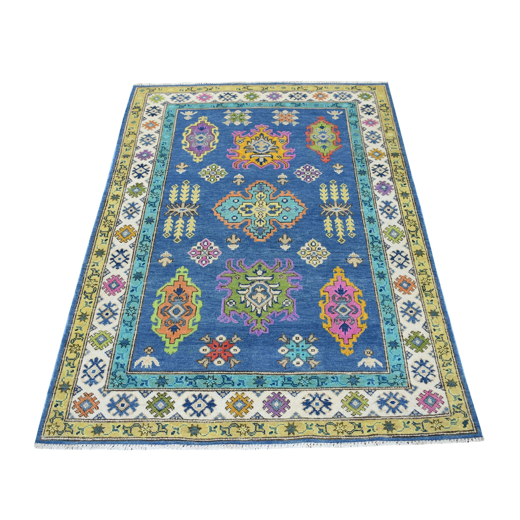 3-10 x6- Colorful Blue Fusion Kazak Pure Wool Geometric Design Hand Knotted Oriental Rug 
