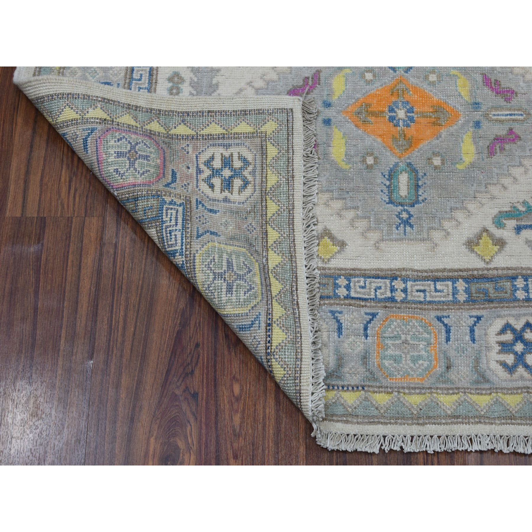 4-x5-8  Colorful Gray Fusion Kazak Pure Wool Geometric Design Hand Knotted Oriental Rug 