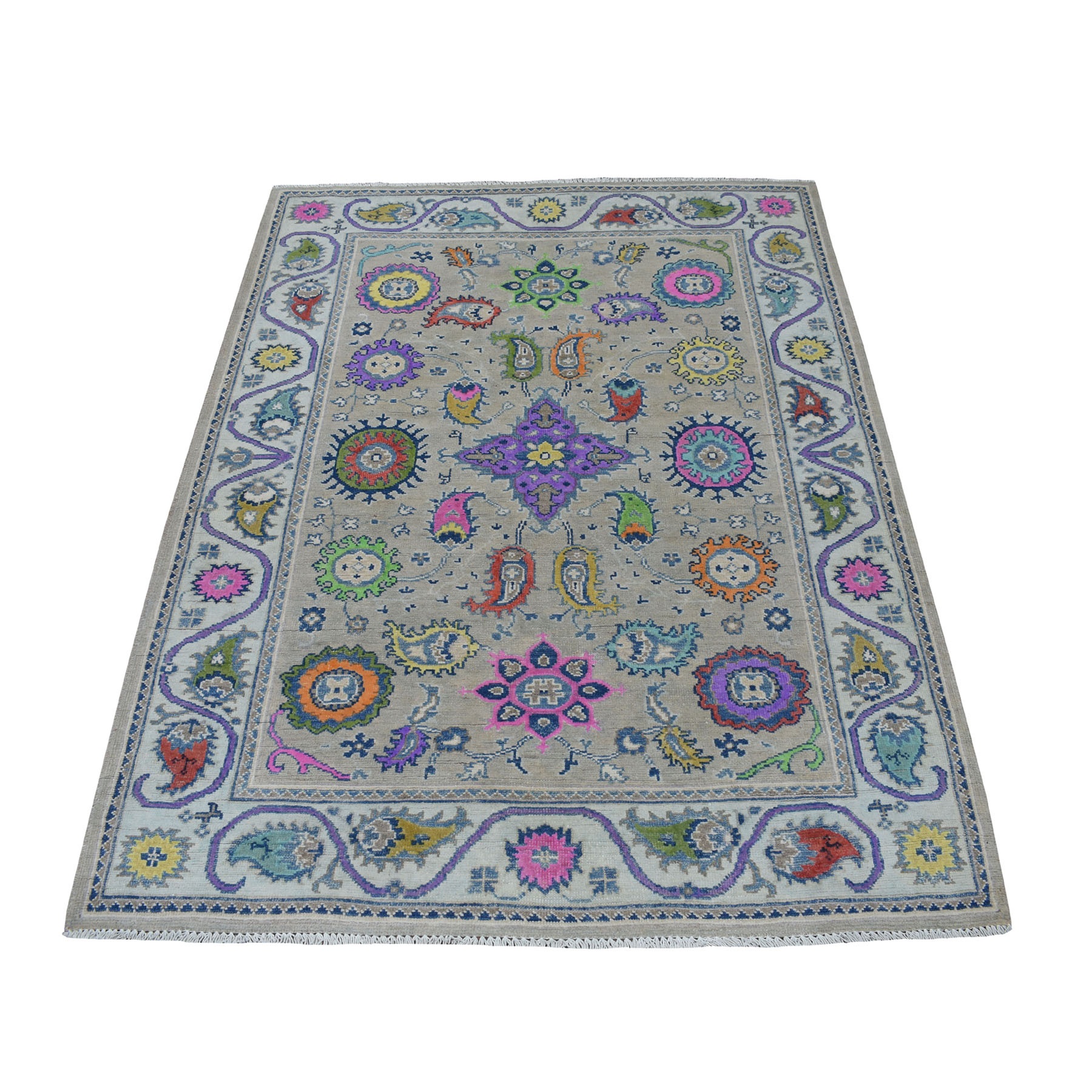 4'X5'9" Colorful Gray Fusion Kazak Pure Wool Geometric Design Hand Knotted Oriental Rug moaec807