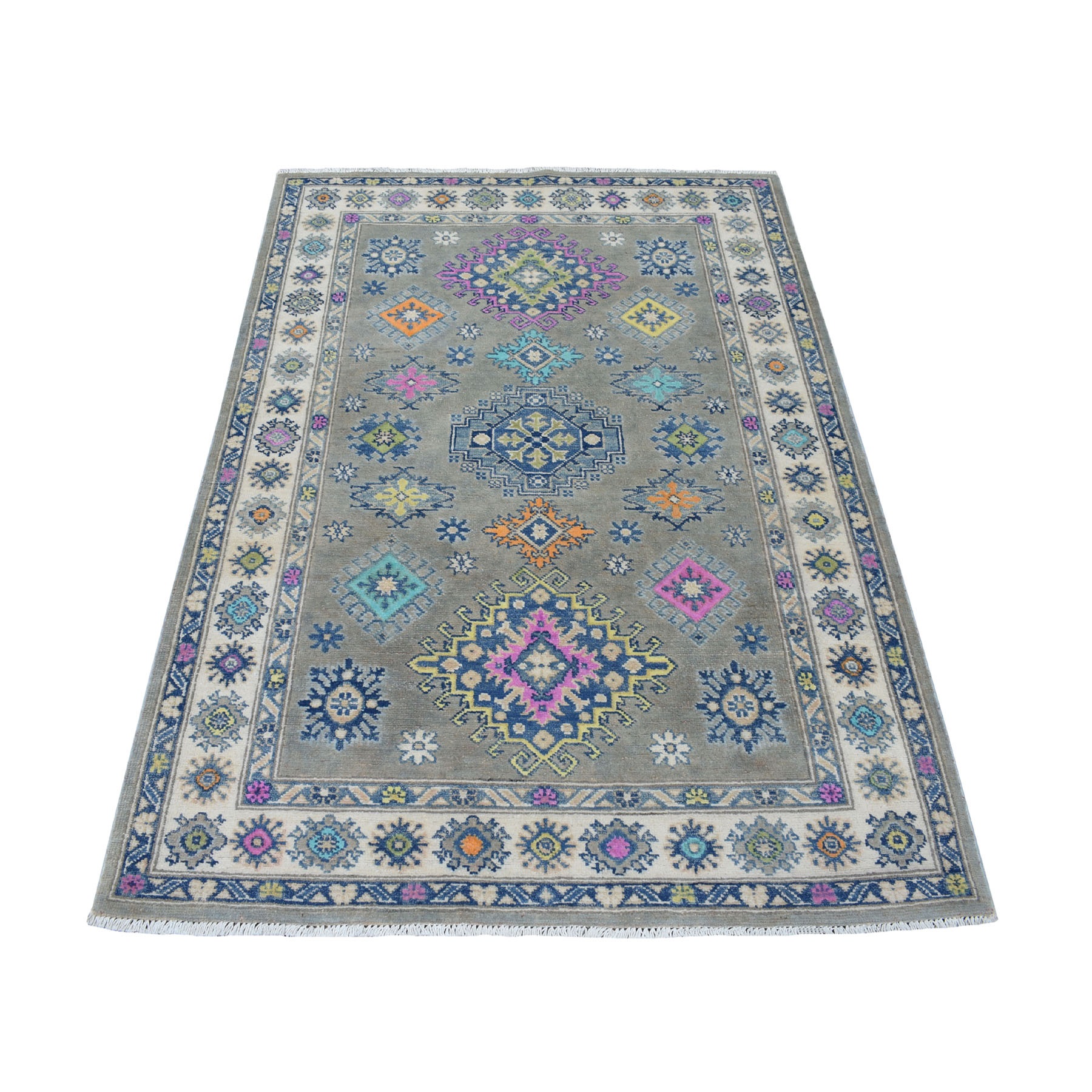 3'10"X5'9" Colorful Gray Fusion Kazak Pure Wool Geometric Design Hand Knotted Oriental Rug moaec808