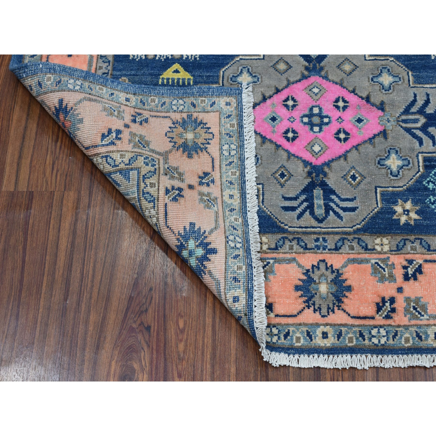 4-1 x5-9  Colorful Blue Fusion Kazak Pure Wool Geometric Design Hand Knotted Oriental Rug 