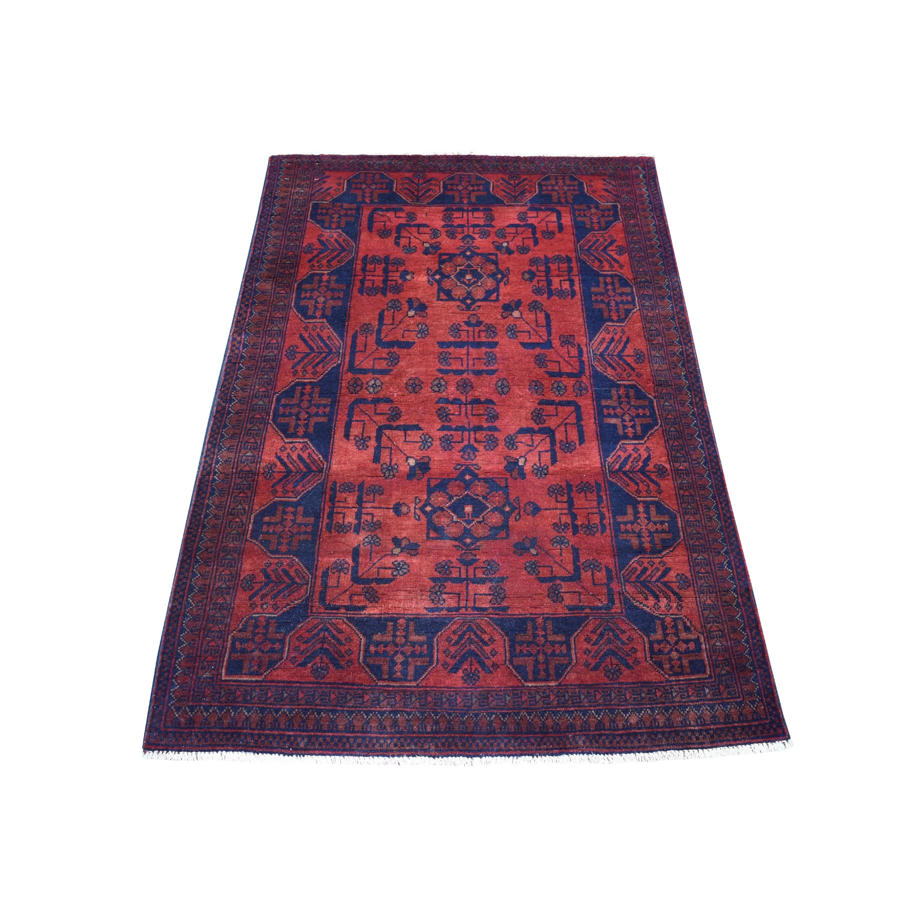 3'3"X5'1" Deep And Saturated Red Geometric Design Afghan Andkhoy Pure Wool Hand-Knotted Oriental Rug moaec888